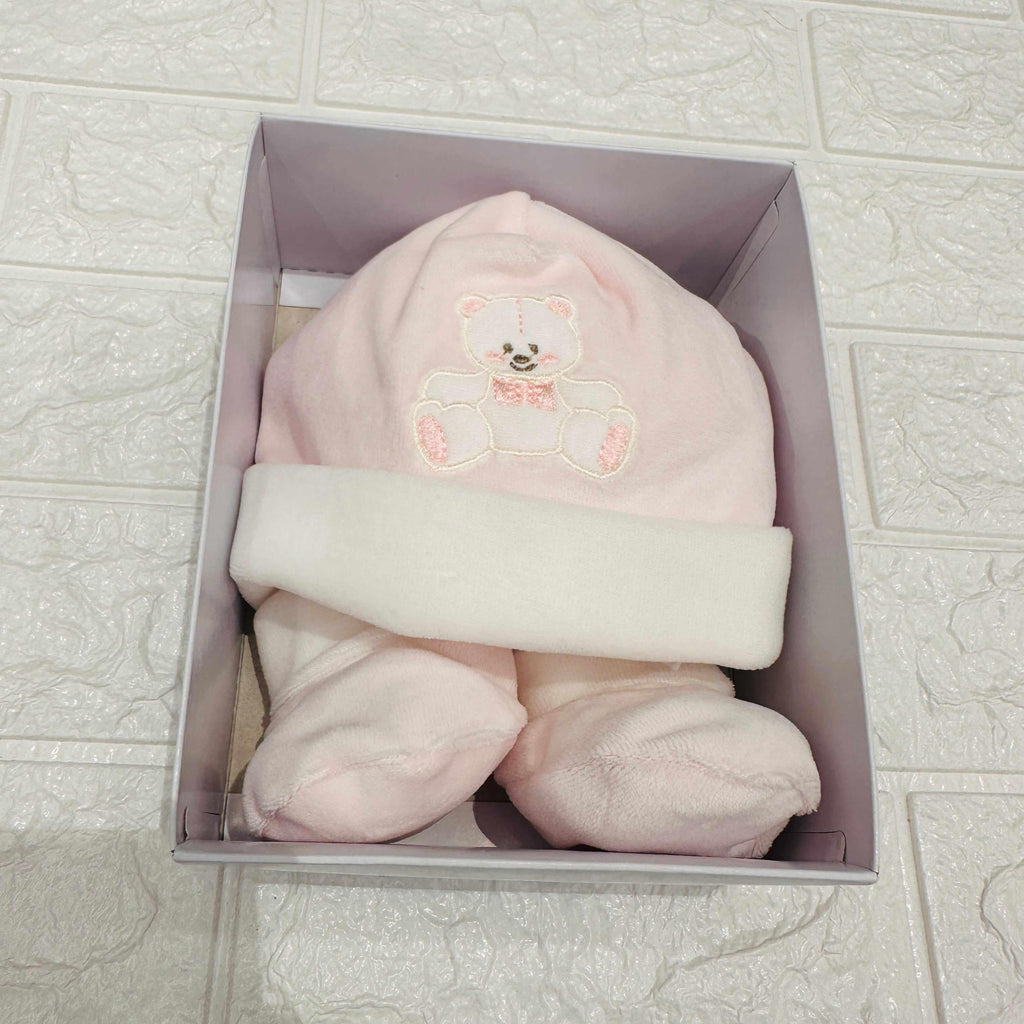 Cappello e babbucce ciniglia orso fiocco rosa 44411