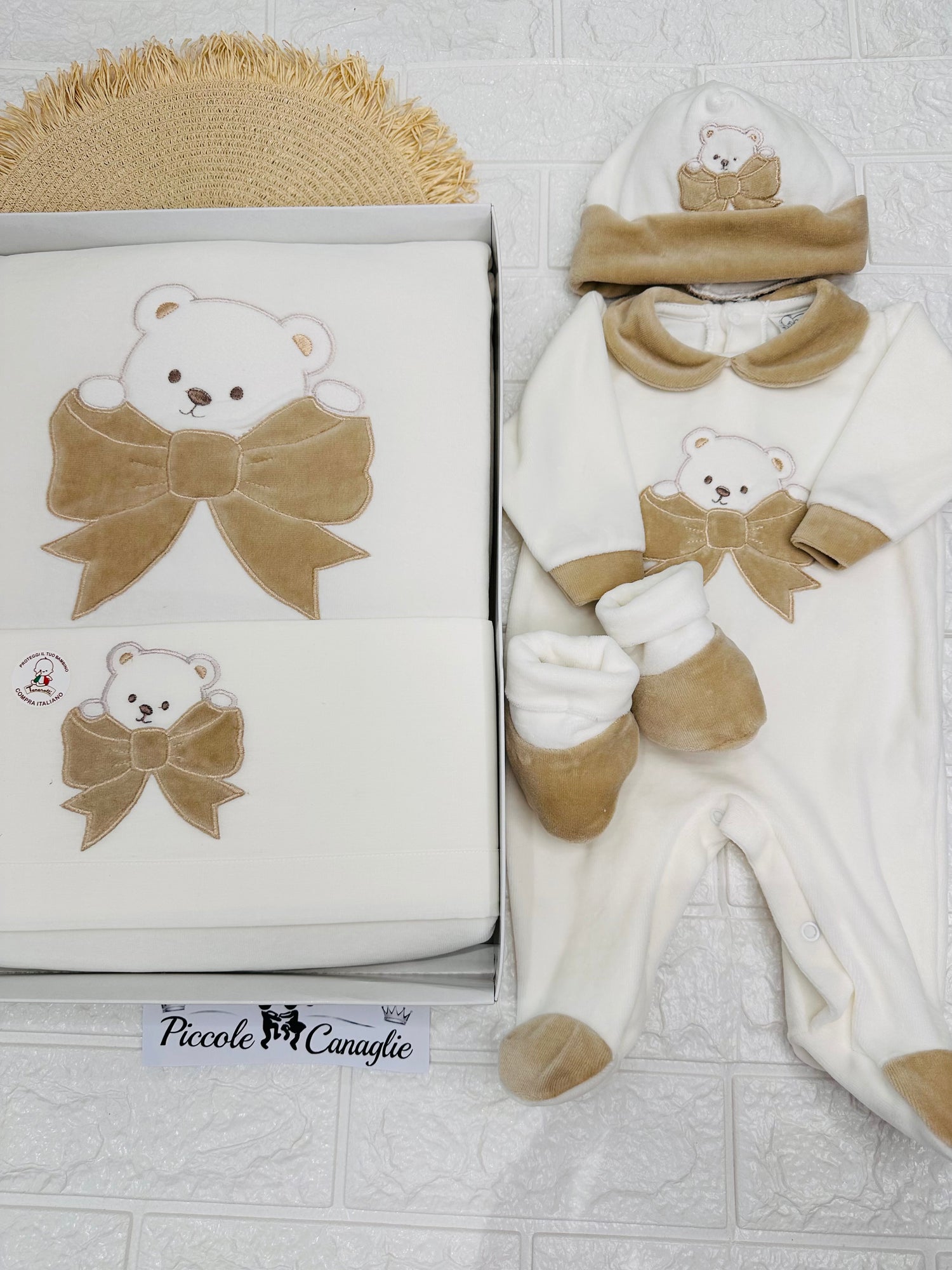 Set Nascita ciniglia orso fiocchettino beige 35511