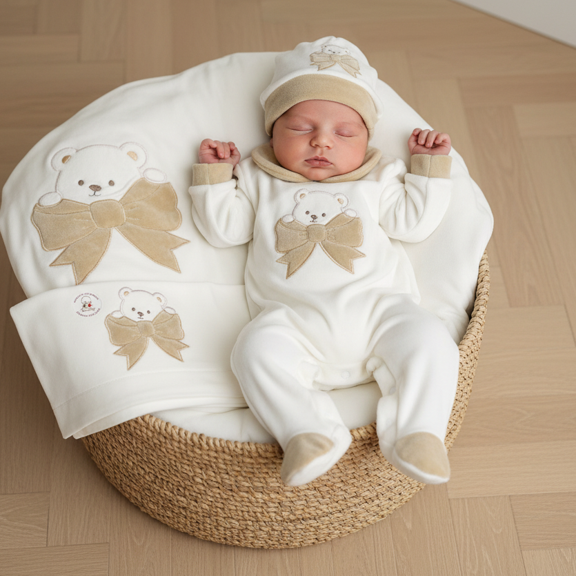Set Nascita ciniglia orso fiocchettino beige 35511