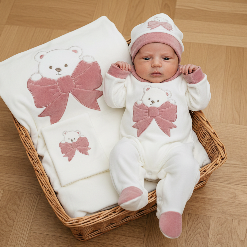 Set Nascita ciniglia orso fiocchettino malva 35511