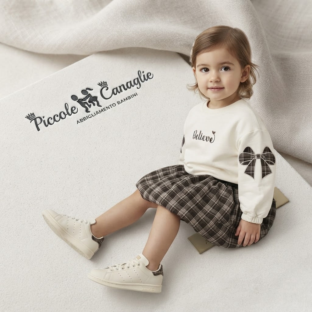 Completo Felpa "Believe" Con Gonnellina Tartan E Fiocchi Brown Be769
