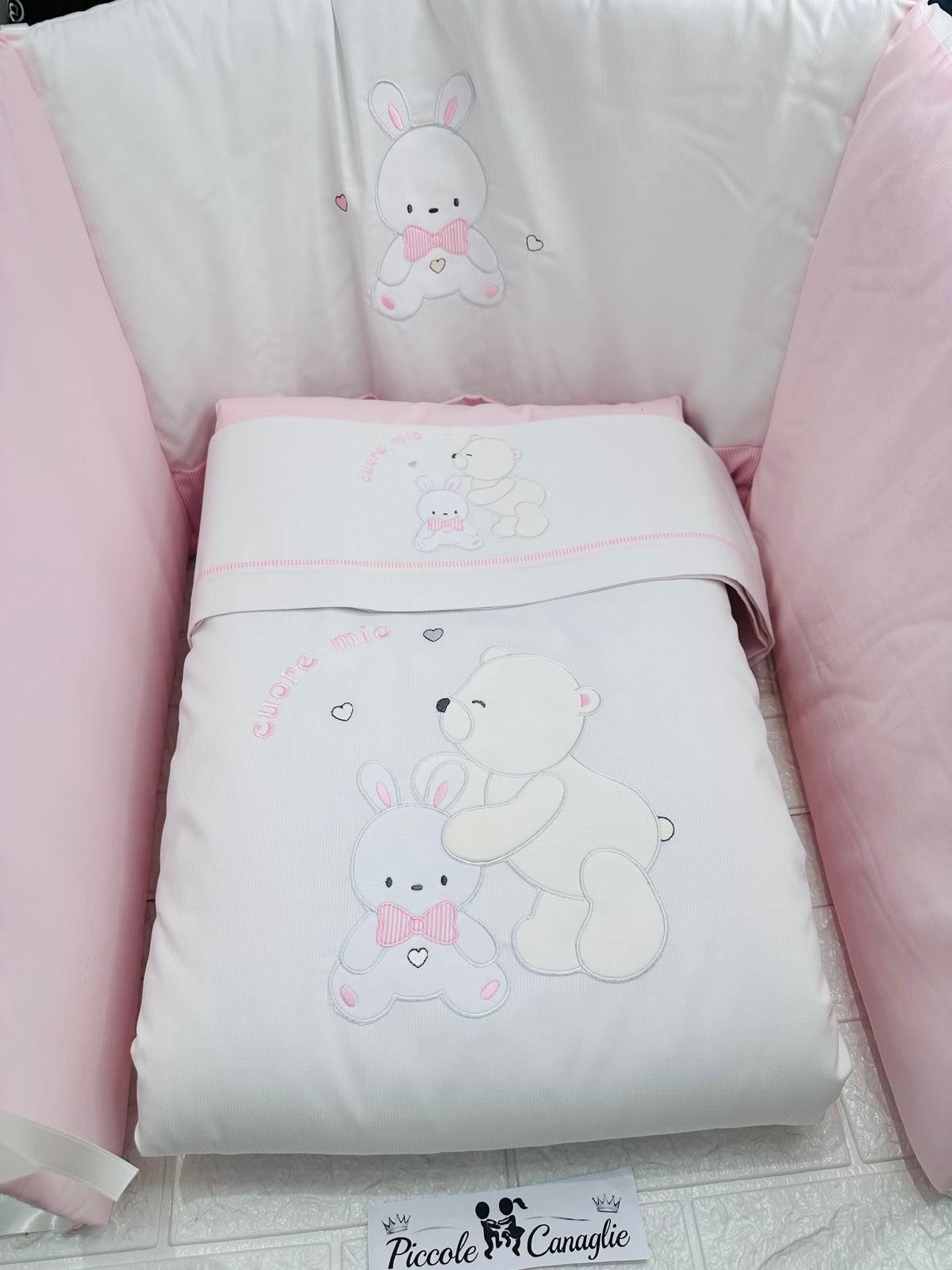 Set Completo Culla Con Paracolpi Orsetto Coniglietto Cuore Mio Rosa Sls033162