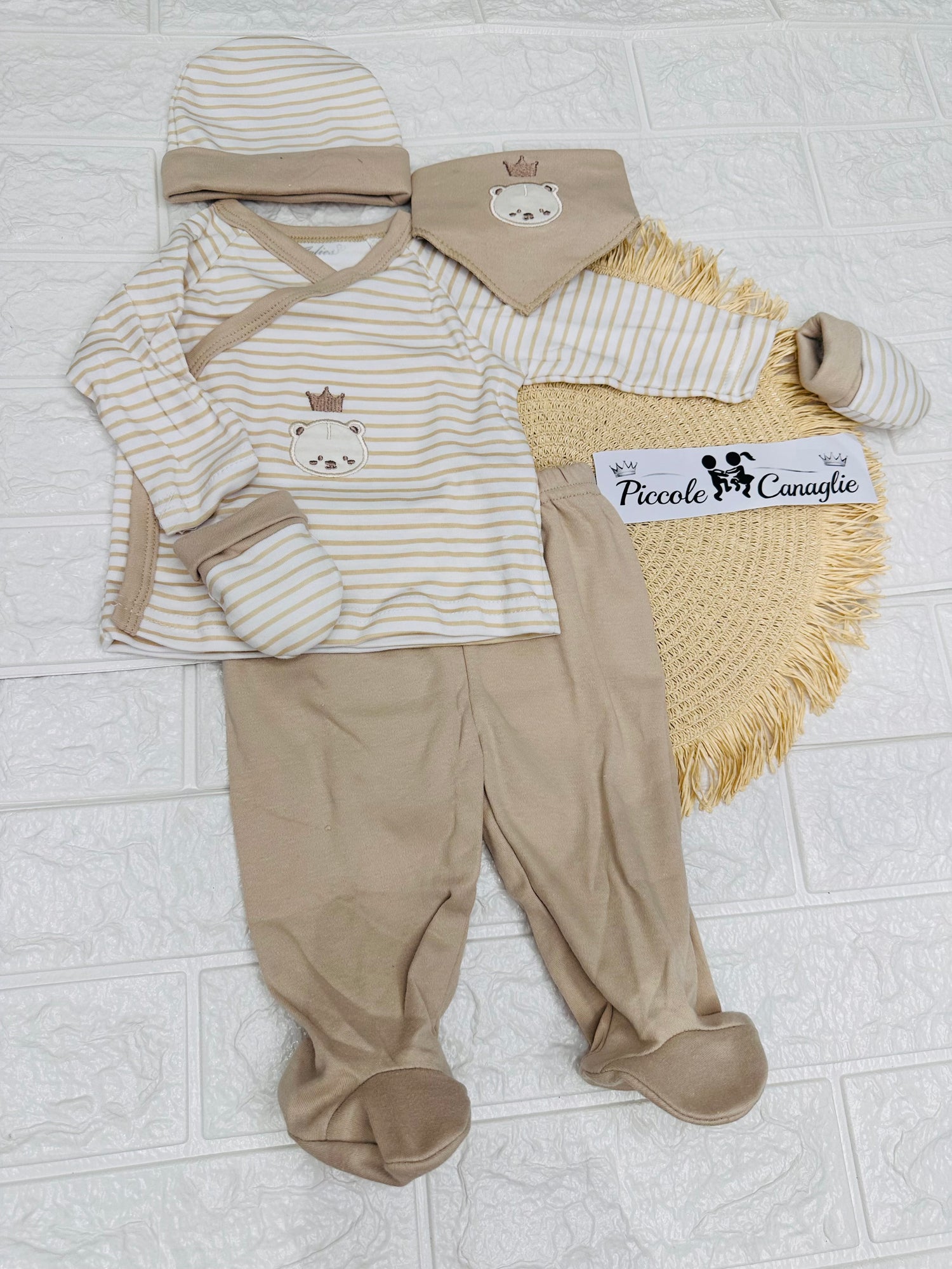 Set Tutina Caldo Cotone  + Cappello + Muffoline+ Bavetta  Beige Orsettino Lj-3591 Dis 2
