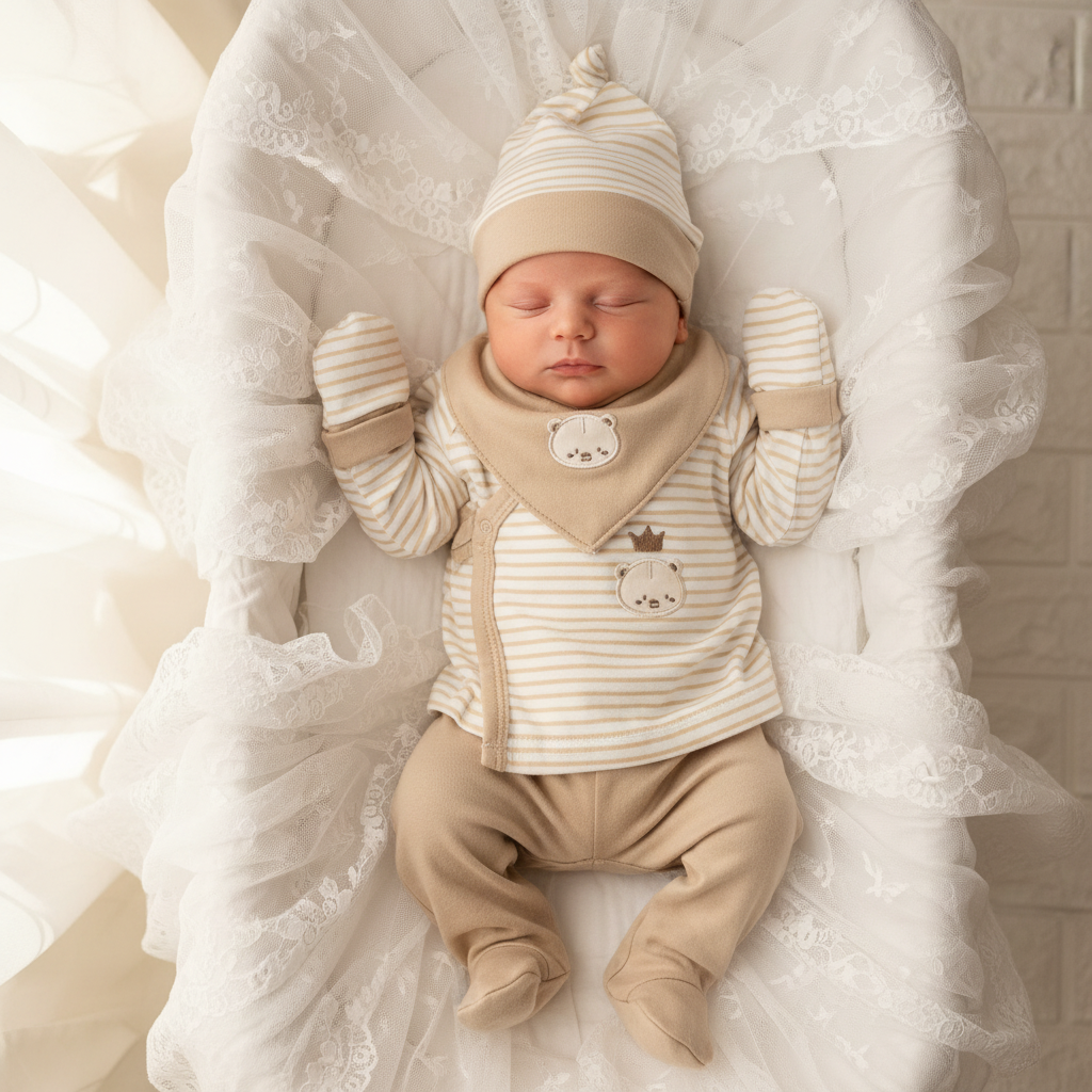Set Tutina Caldo Cotone  + Cappello + Muffoline+ Bavetta  Beige Orsettino Lj-3591 Dis 2