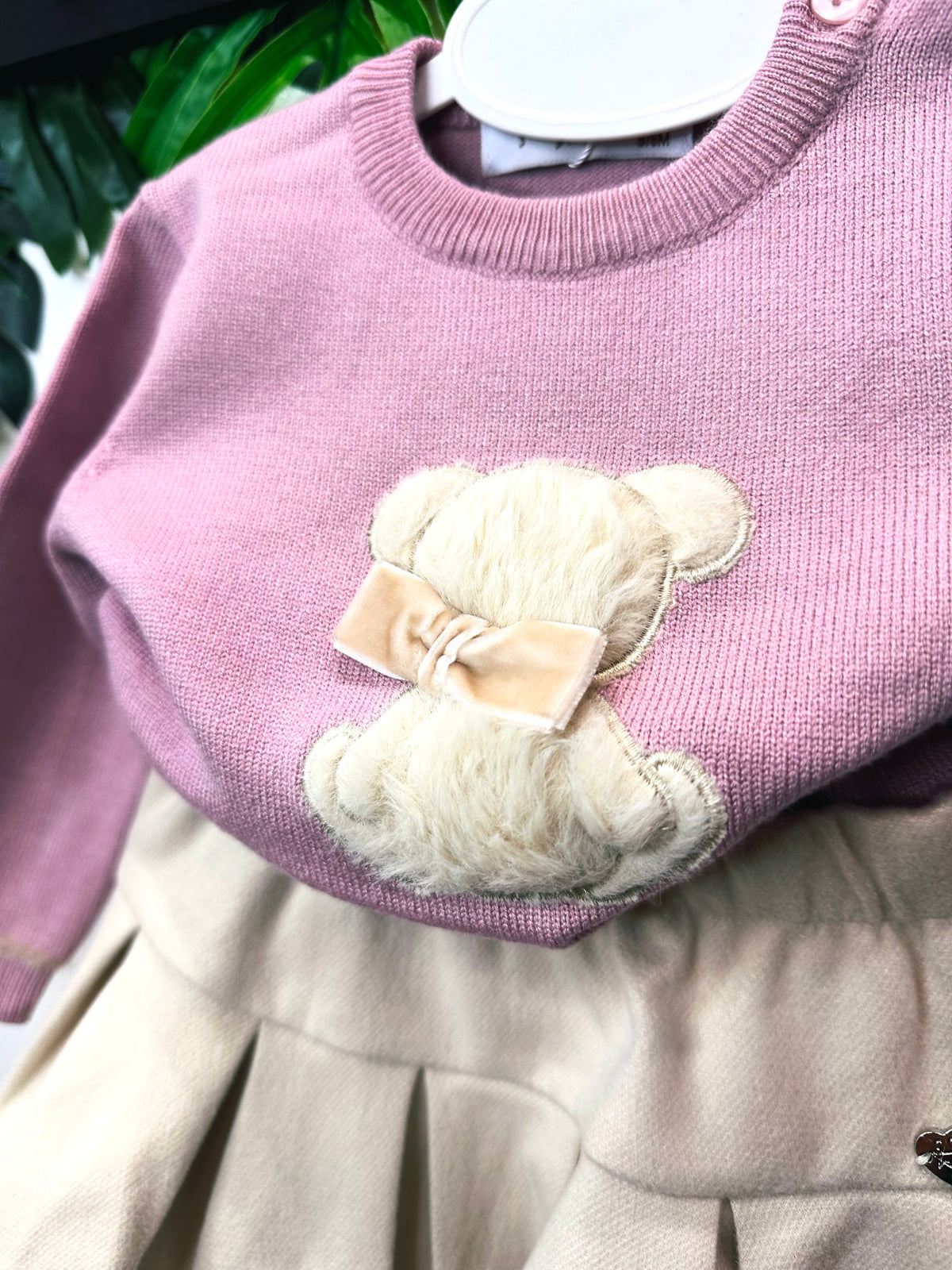 Completo A Gonnellino Vellutino Orsetta Peluche Rosa Malva  Stelle E Pupi