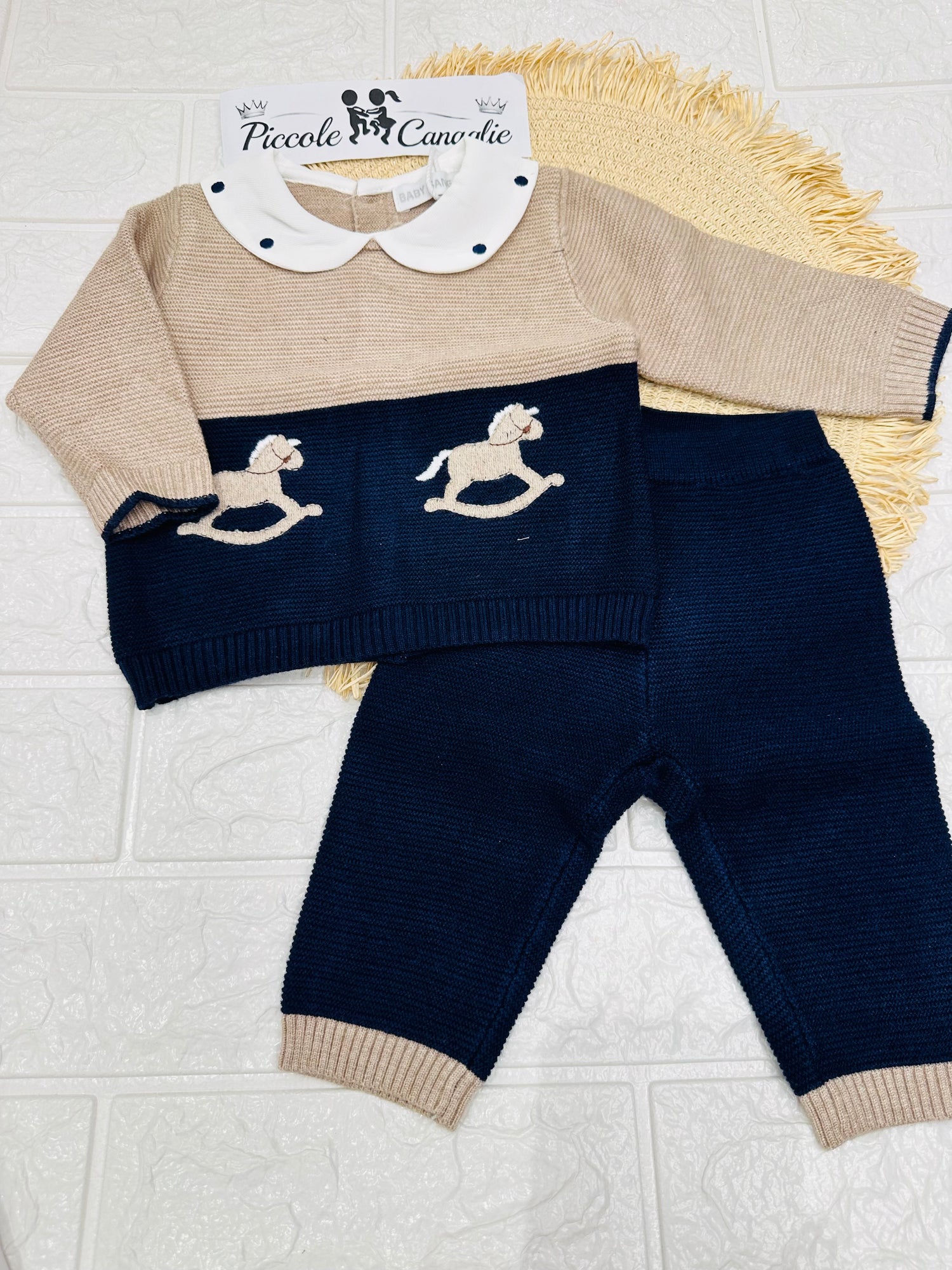Completino In Misto Lana  Cavallini  Beige E Blu  W-9775