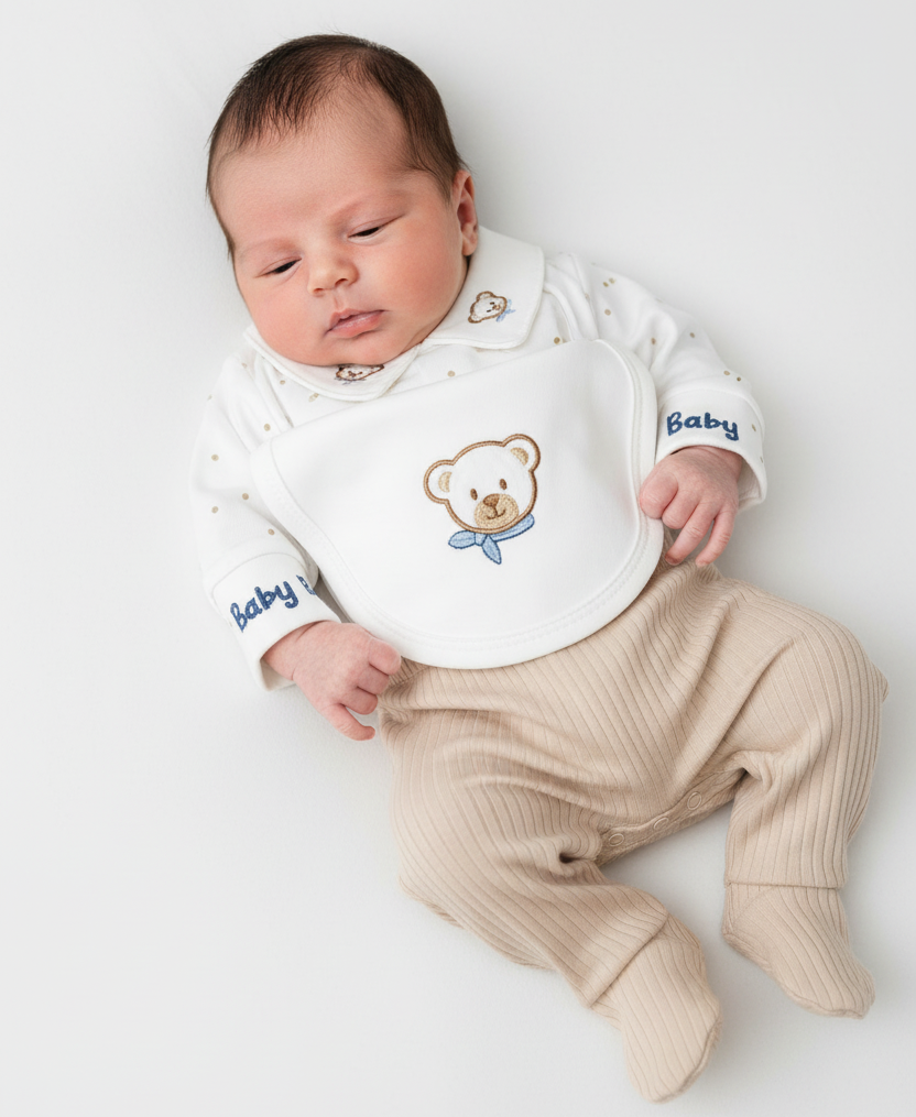 Tutina Completo Cotone Collo Orsetti Panna Con Accessori