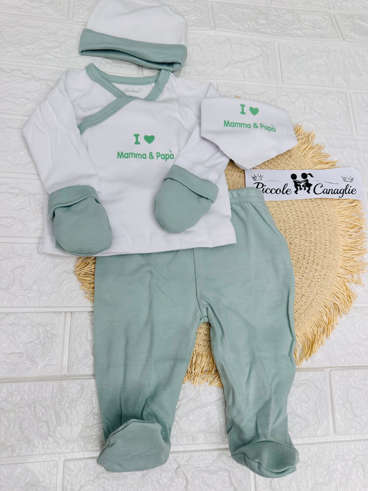 Set Tutina Caldo Cotone  + Cappello + Muffoline+ Bavetta  Verde I Mamma E Papà Lj-3591 Dis 3
