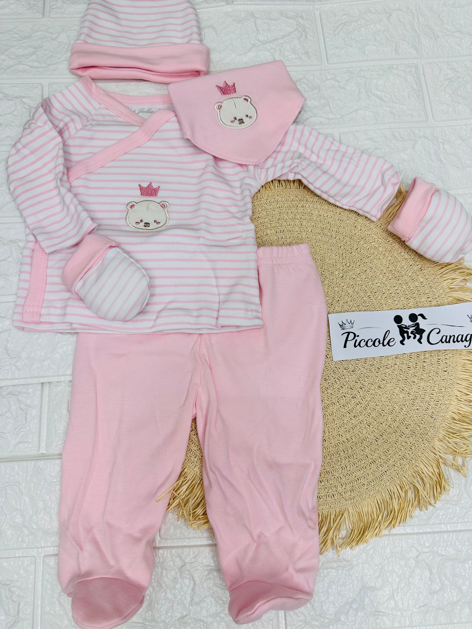 Set Tutina Caldo Cotone  + Cappello + Muffoline+ Bavetta  Rosa Orsettino Lj-3591 Dis 2
