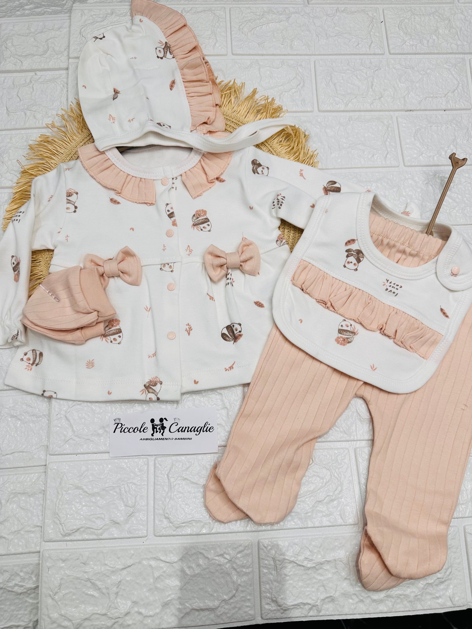 Tutina Completo Cotone Fiocchetti Rosa Cipria Con Accessori