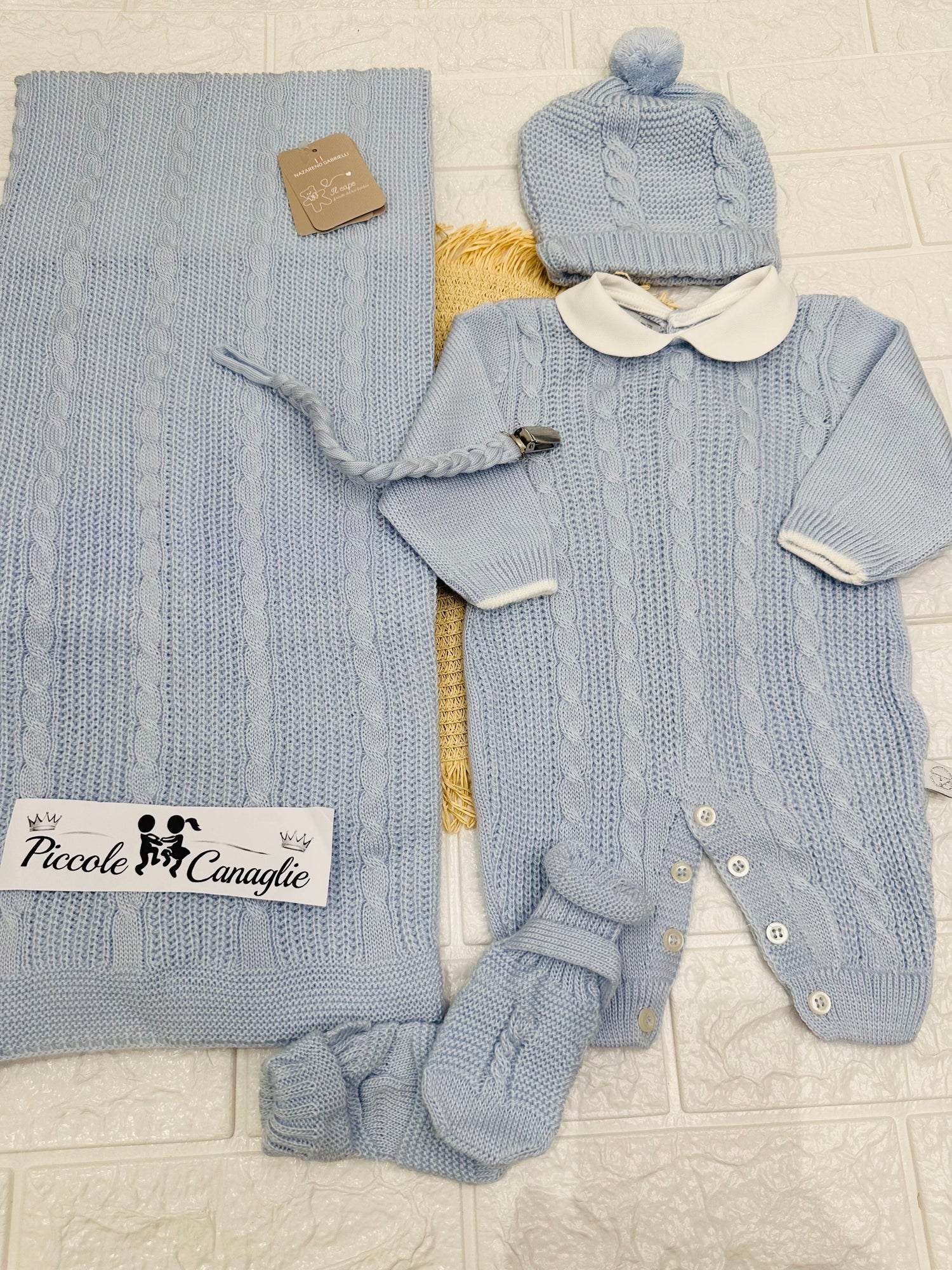 Set Nascita Tessuto Invernale Nazareno Gabrielli Intreccio Celeste  Ng3489 Dis 1