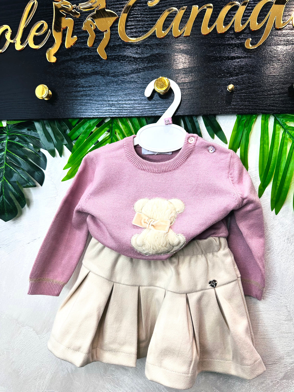 Completo A Gonnellino Vellutino Orsetta Peluche Rosa Malva  Stelle E Pupi