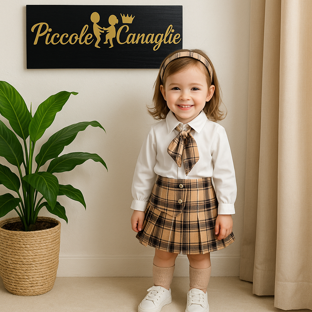 Completo maglia panna e gonna a pieghe tartan mesi