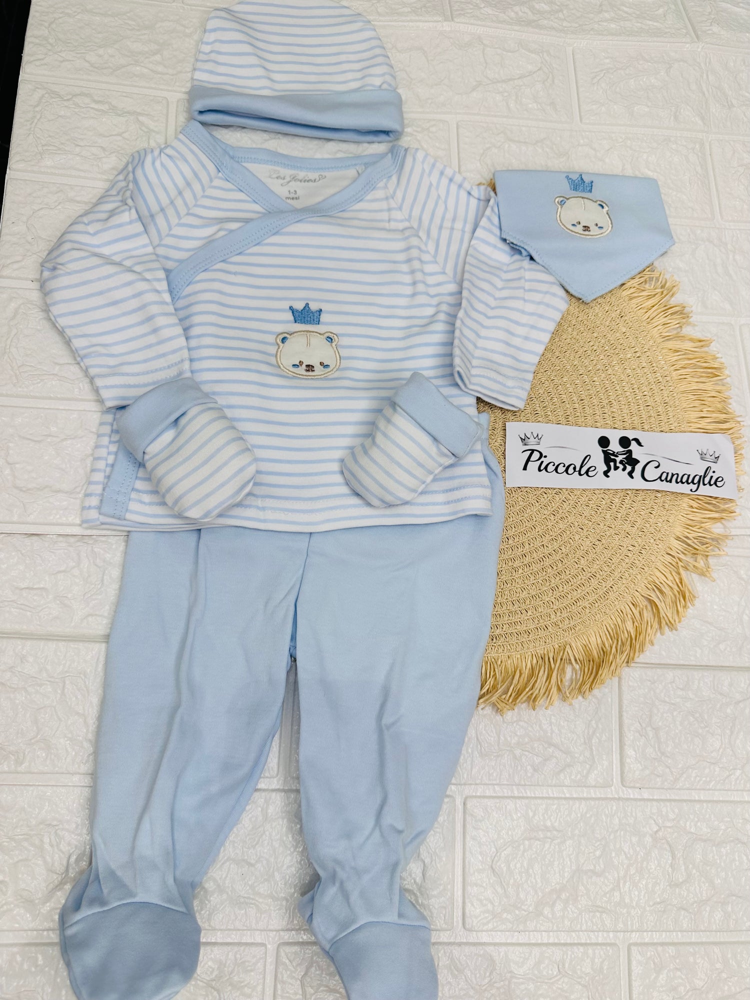 Set Tutina Caldo Cotone  + Cappello + Muffoline+ Bavetta  Celeste Orsettino Lj-3591 Dis 2