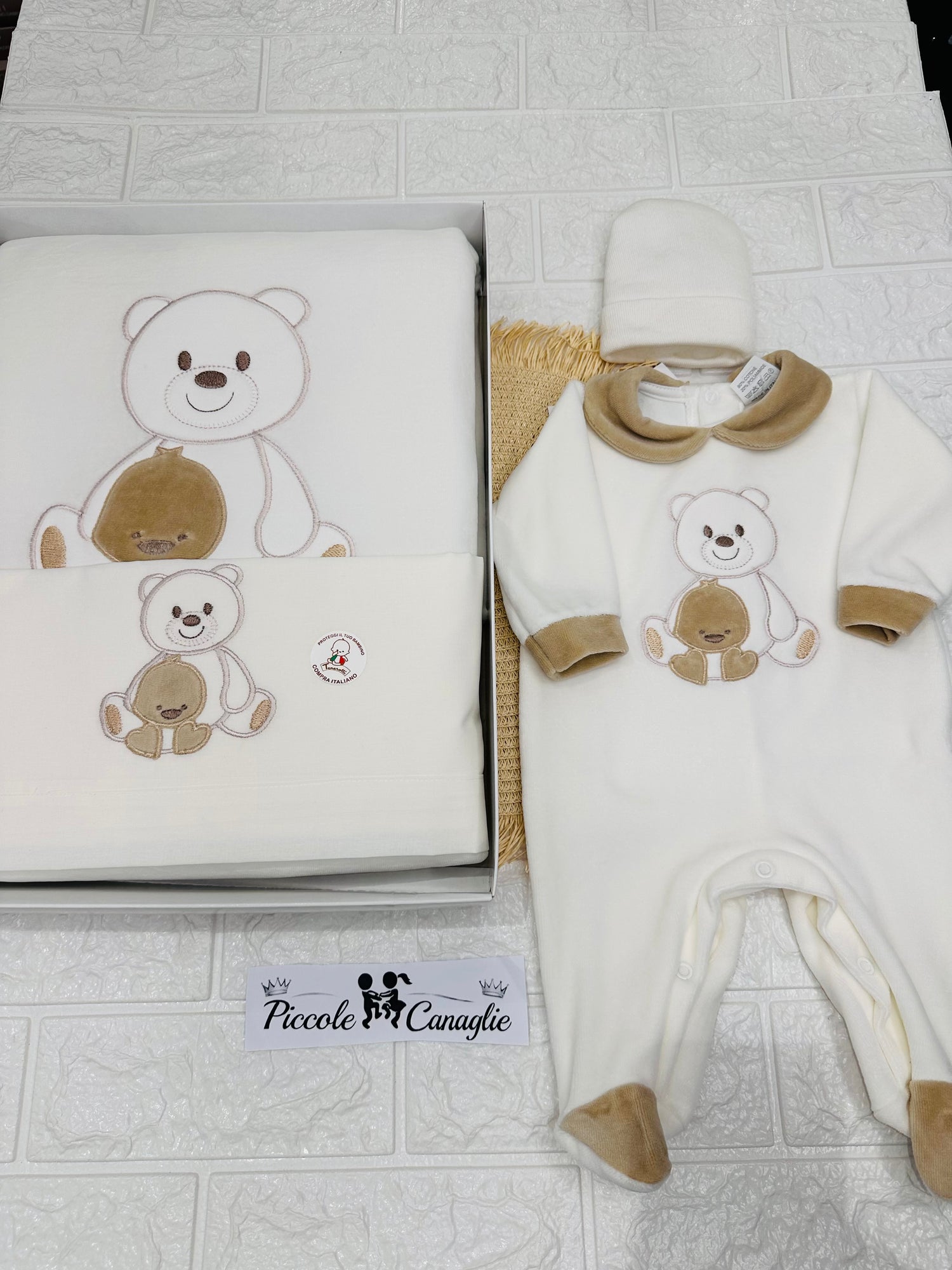 Set Nascita Tenerotti In Ciniglia Orso Paperotto Beige 35504