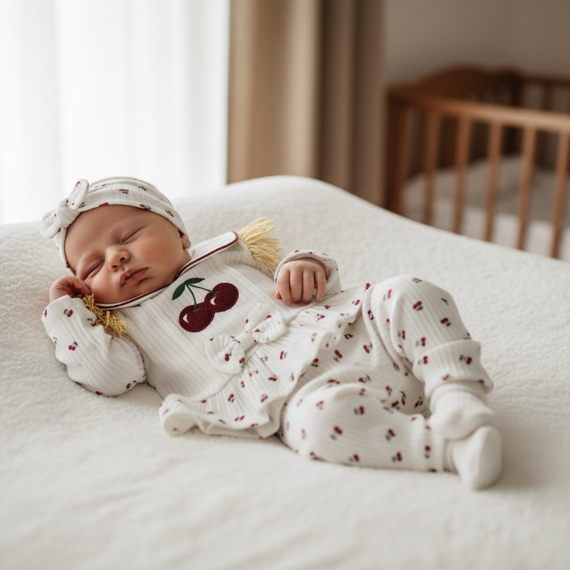 Tutina Completo Cotone Ciliege Bianco Con Accessori