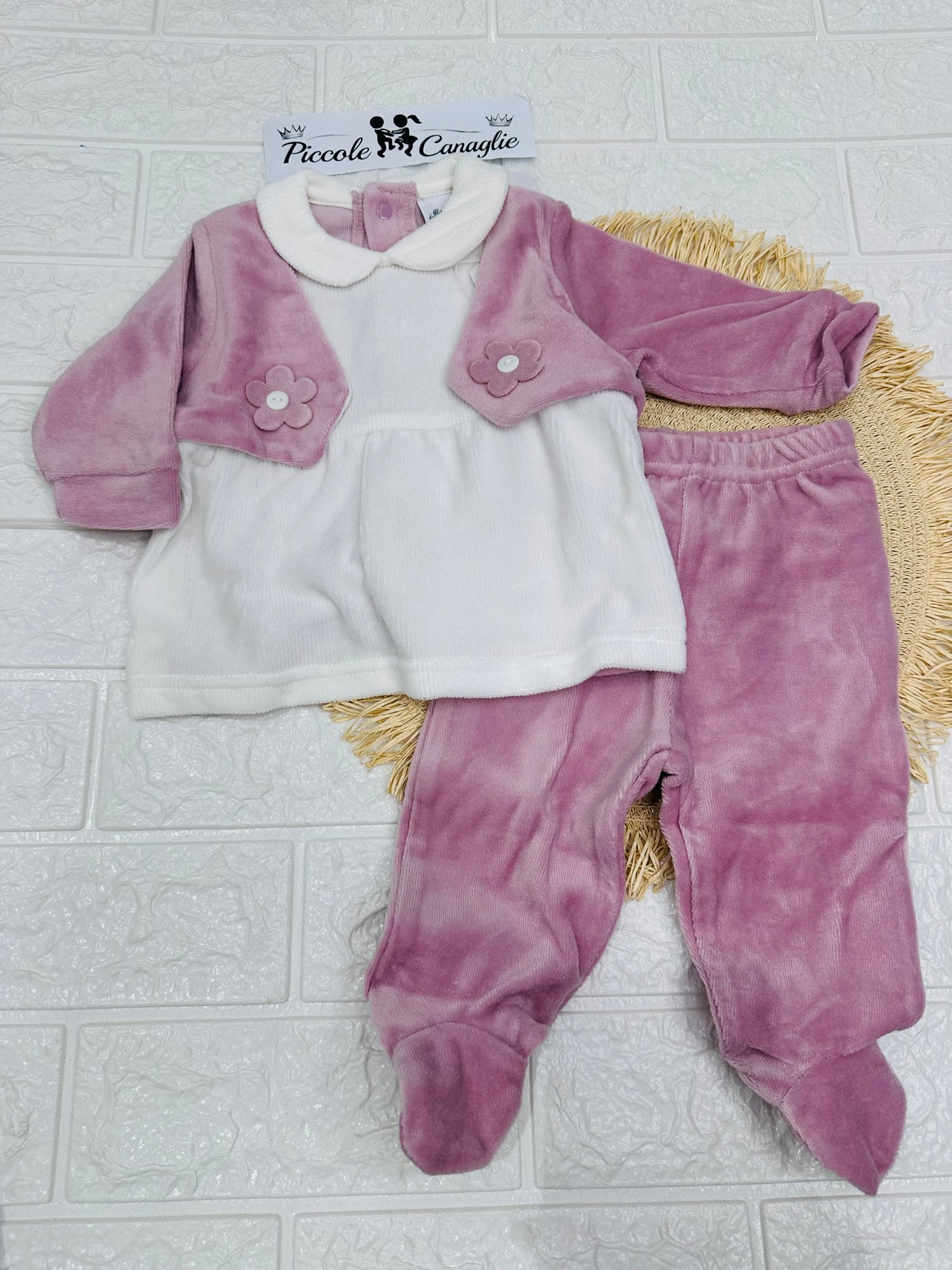 Tutina Completo Ciniglia Fiorellini Rosa Antico  B549/7f