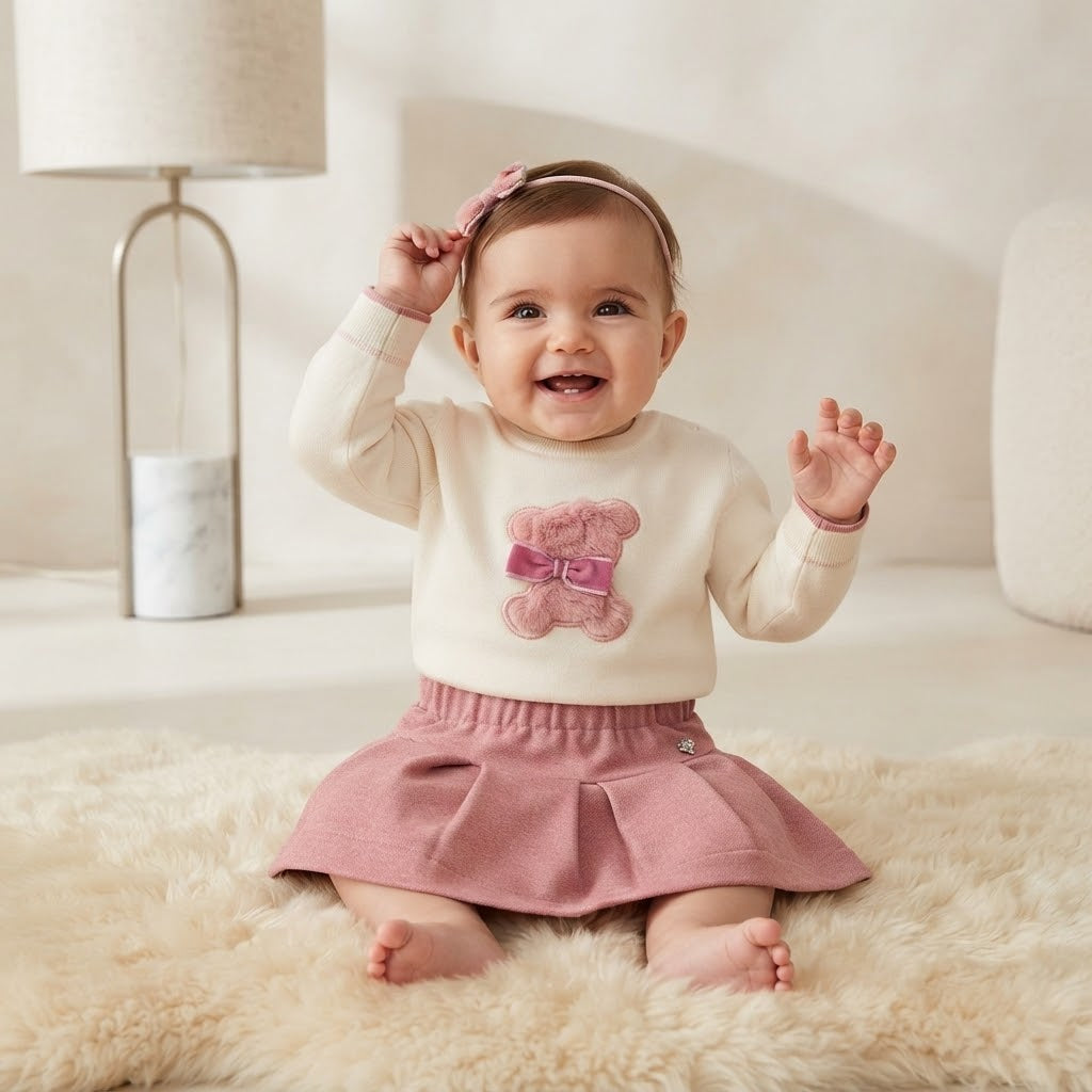 Completo A Gonnellino Vellutino Orsetta Peluche Bianco Stelle E Pupi