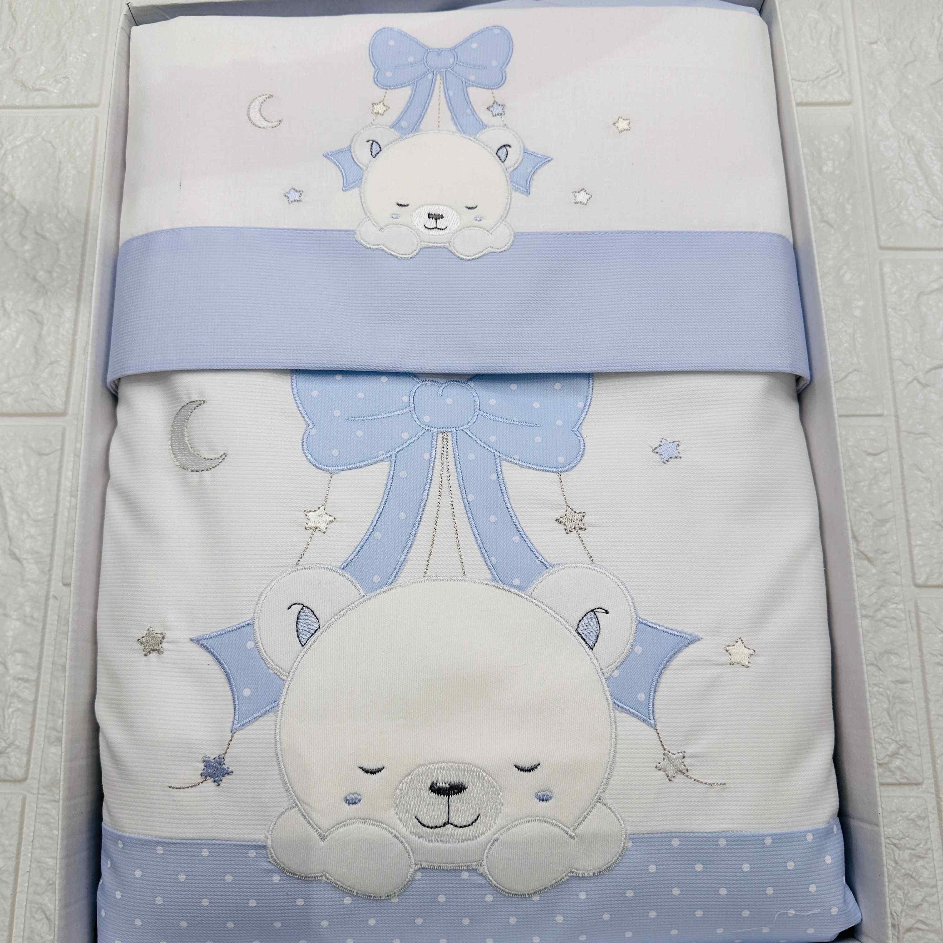 Set completo carrozzina orso fiocco celeste