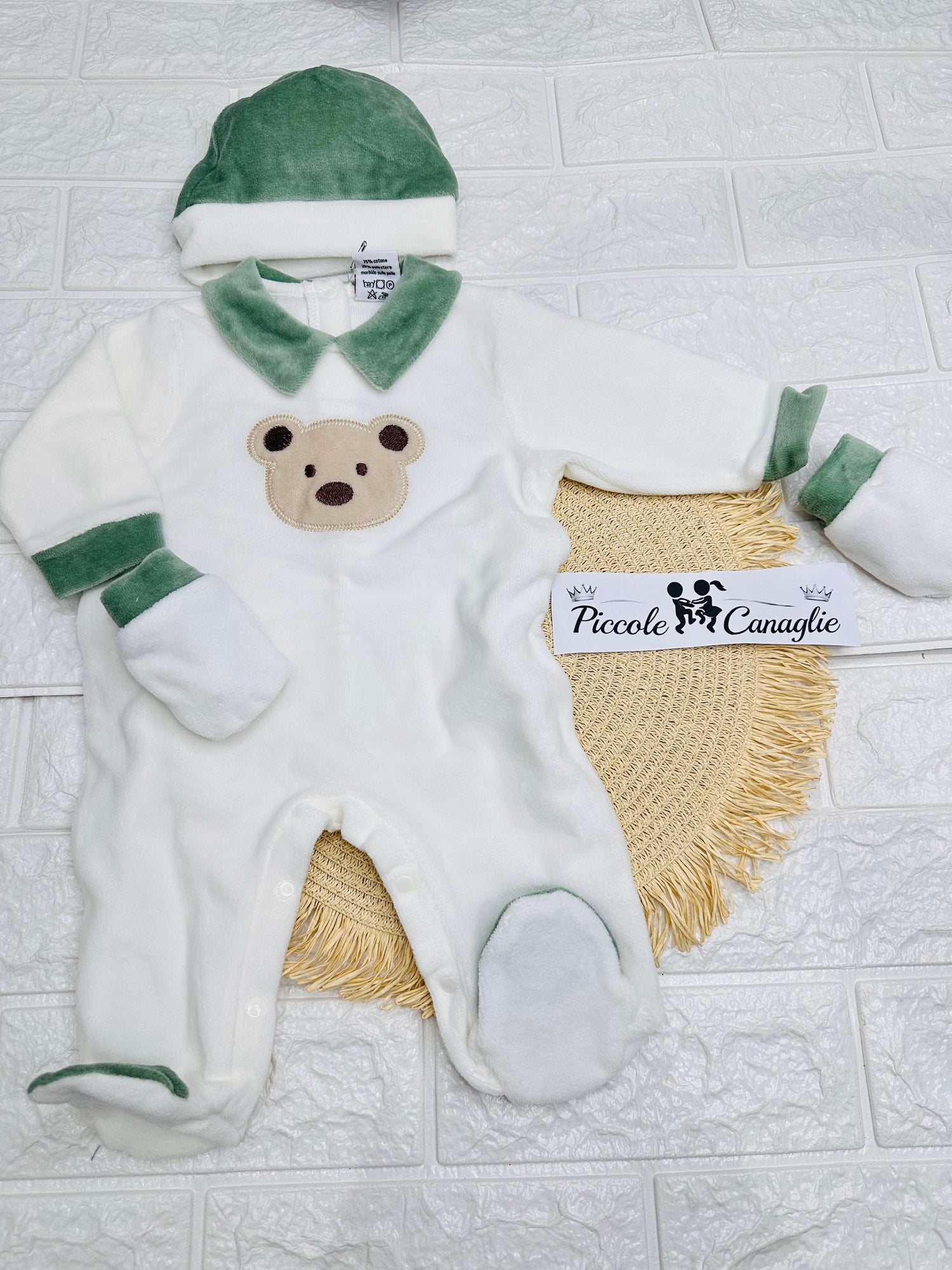 Set Tutina Ciniglia Orsetto + Cappello + Muffoline Verde Prxs506/5m