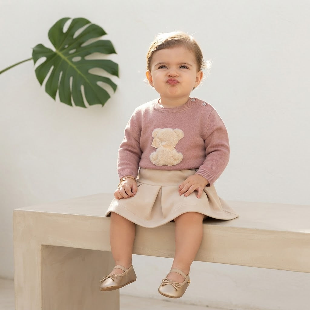 Completo A Gonnellino Vellutino Orsetta Peluche Rosa Malva  Stelle E Pupi
