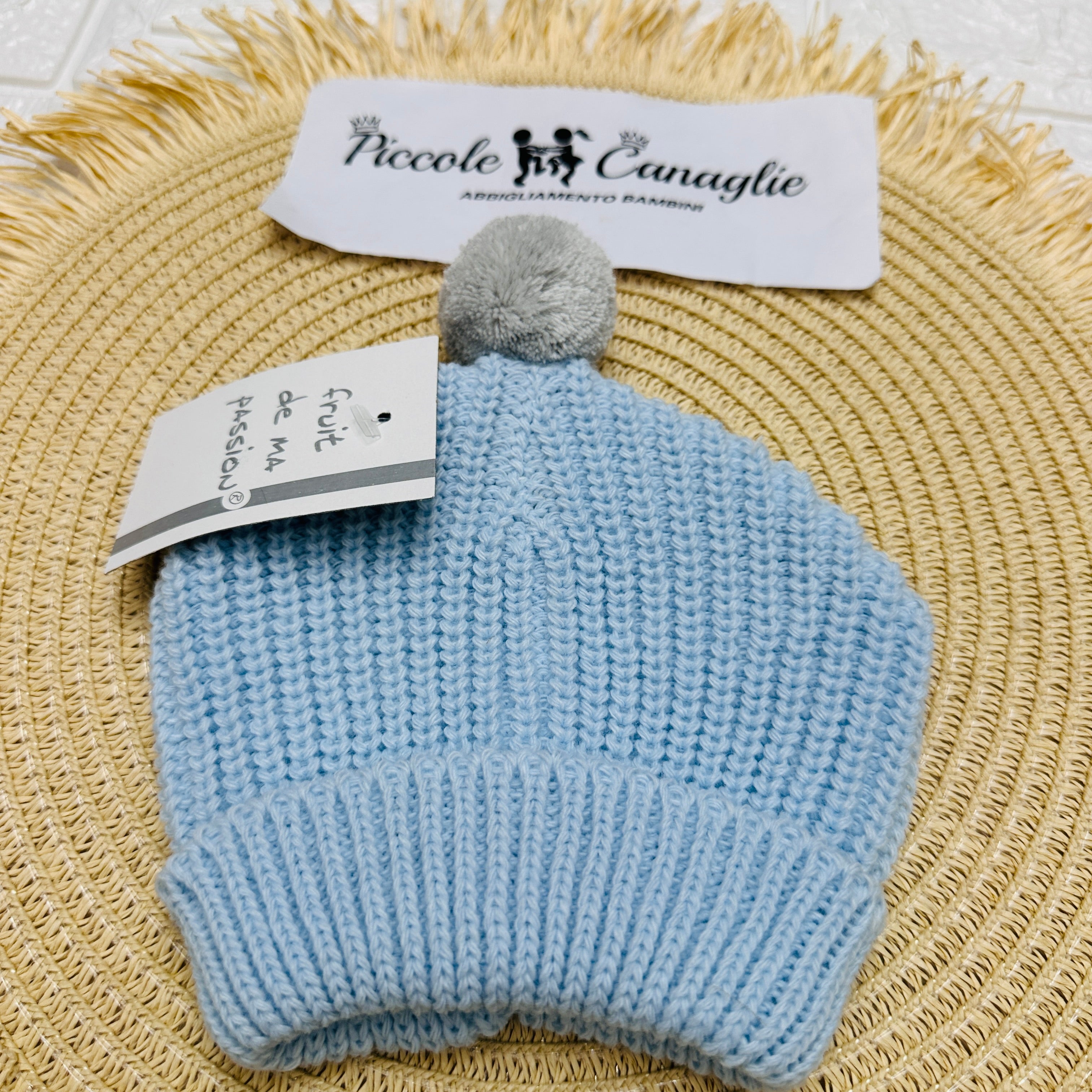 Cappellino PonPon celeste/Grigio Taglia 0-6mesi