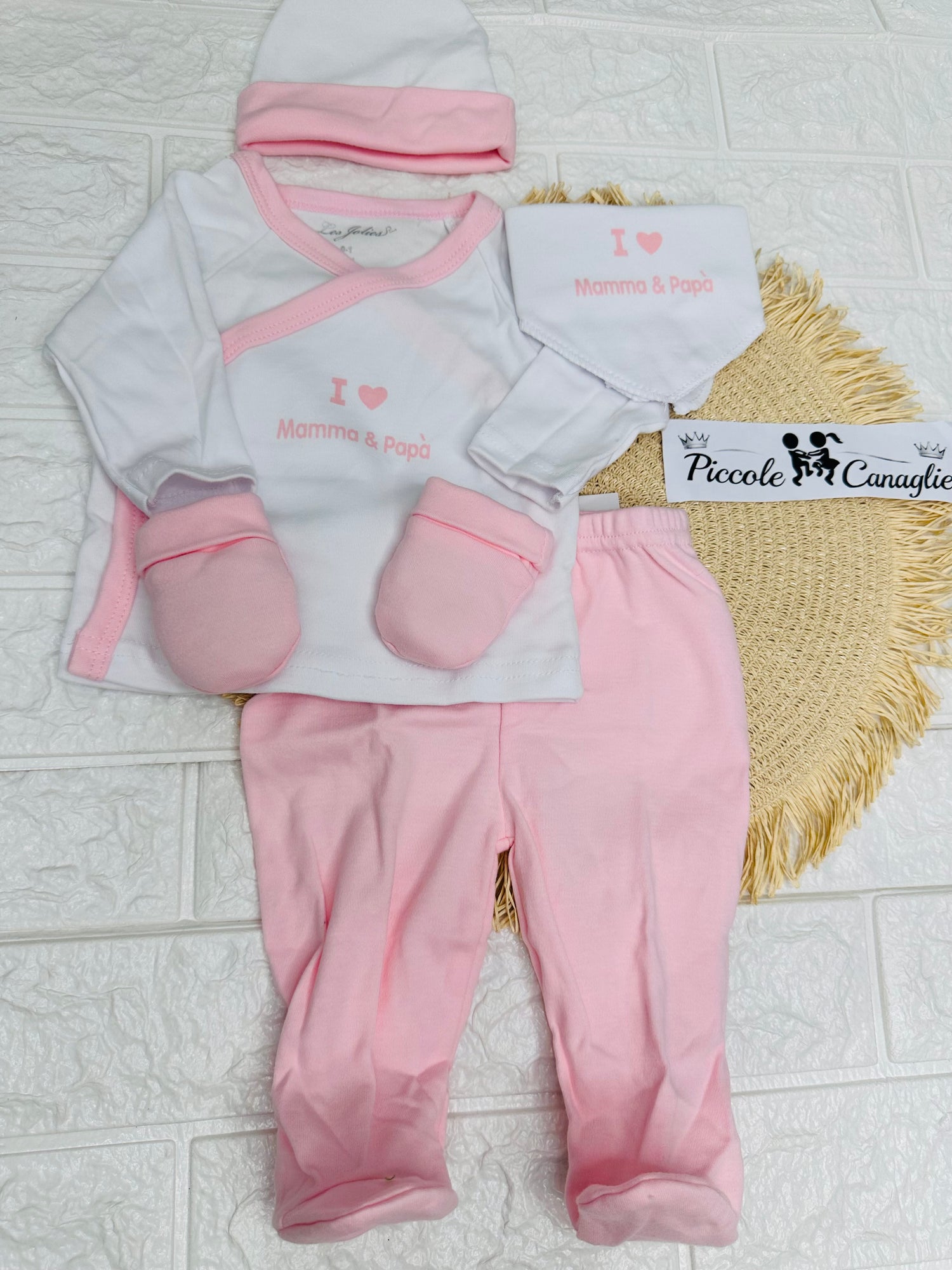 Set Tutina Caldo Cotone  + Cappello + Muffoline+ Bavetta  Rosa I Mamma E Papà Lj-3591 Dis 3