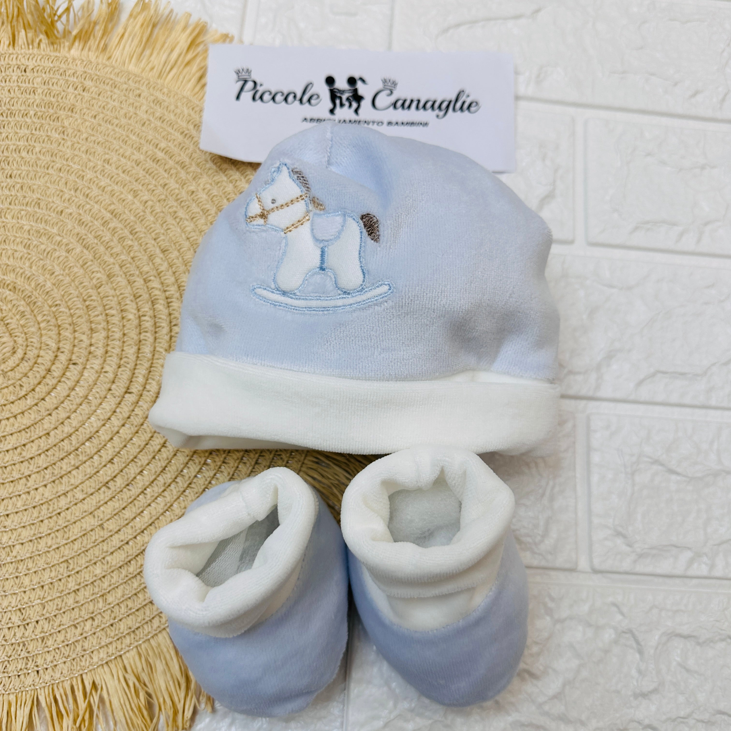 Cappello + babbucce ciniglia Cavallino celeste 44412