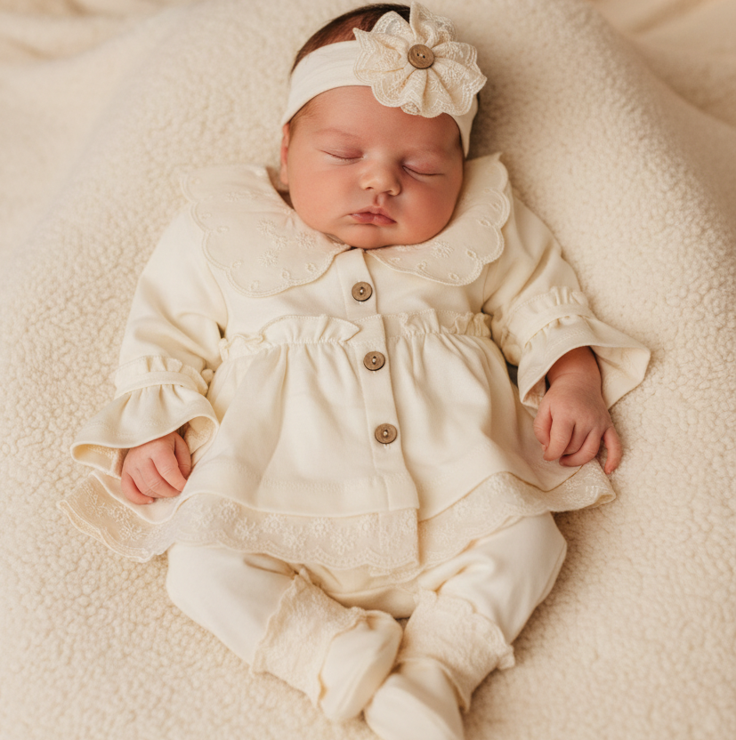 Tutina Completo In Cotone Collo In Pizzo Sangallo Panna Con Accessori