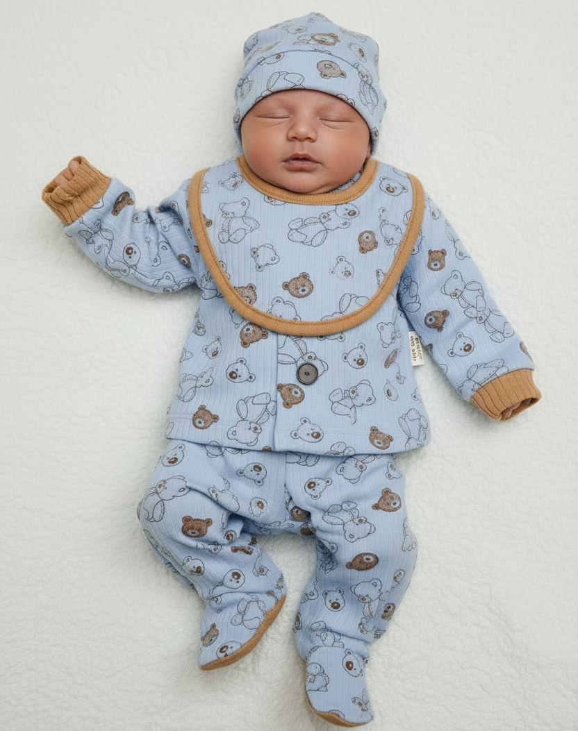 Tutina Completo Cotone Orsetti Celeste Con Accessori