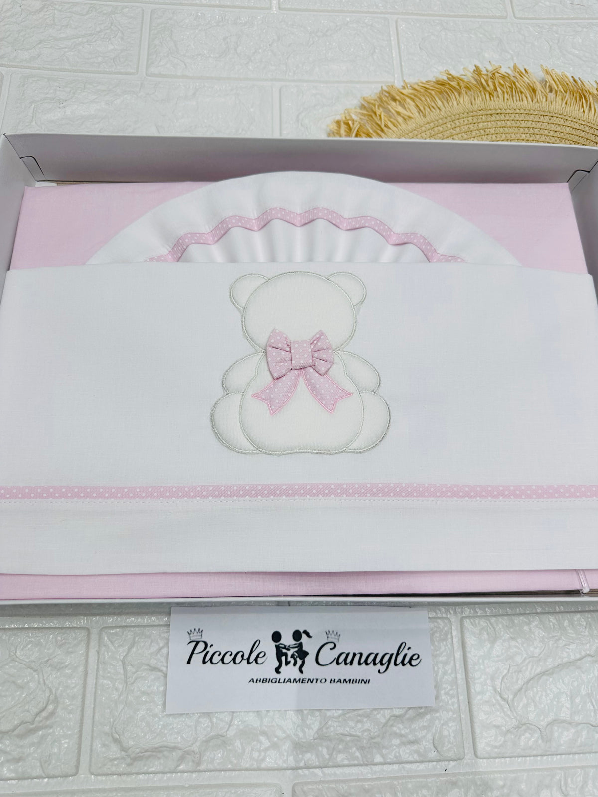 Set Lenzuola Culla Cotone Ll018182 Orsetto Fiocchettino Rosa