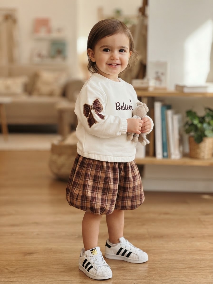 Completo Felpa "Believe" Con Gonnellina Tartan E Fiocchi Mattone Be769