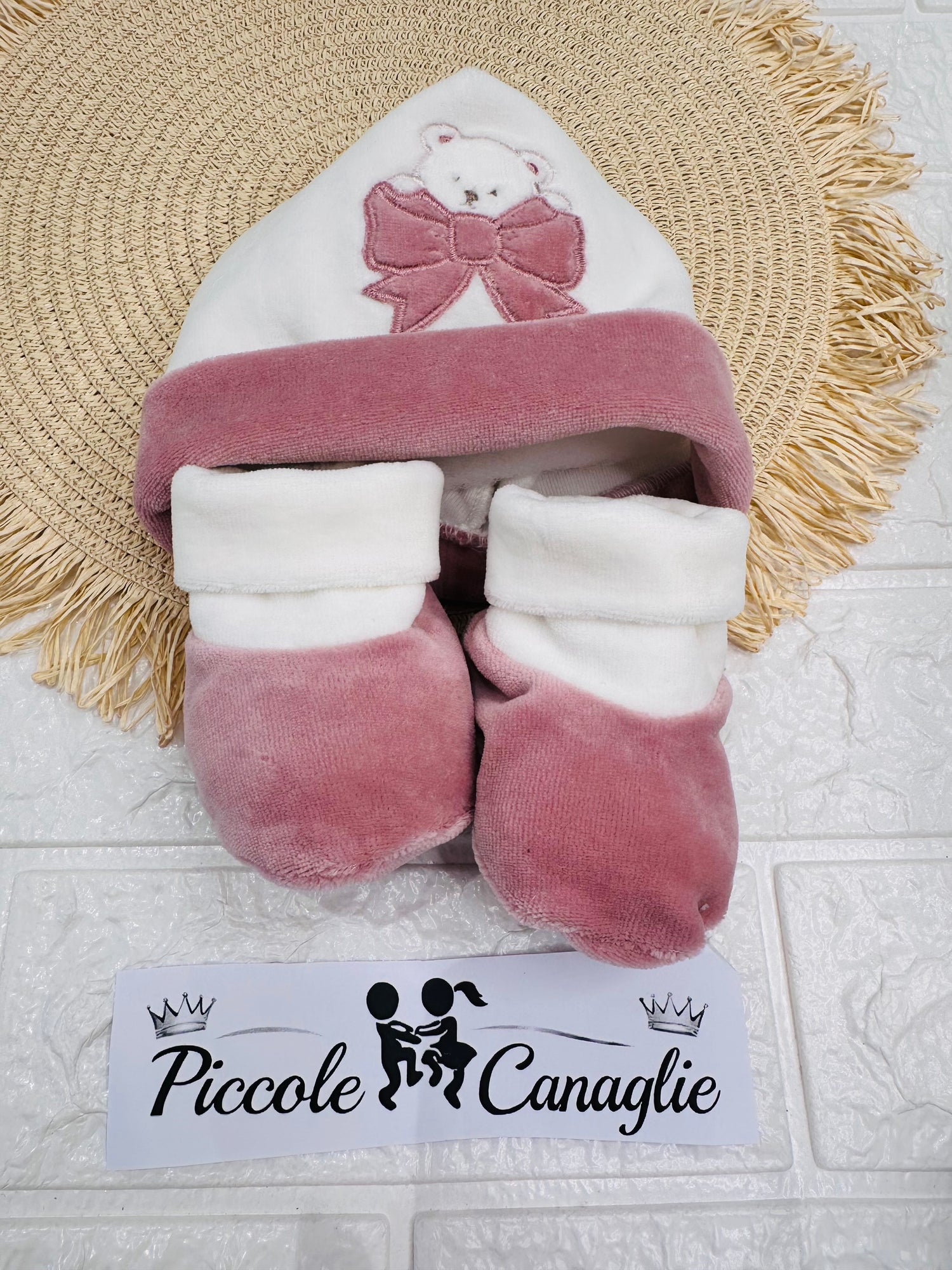 Set cappello + babbucce ciniglia orso fiocchettino rosa antico 44511