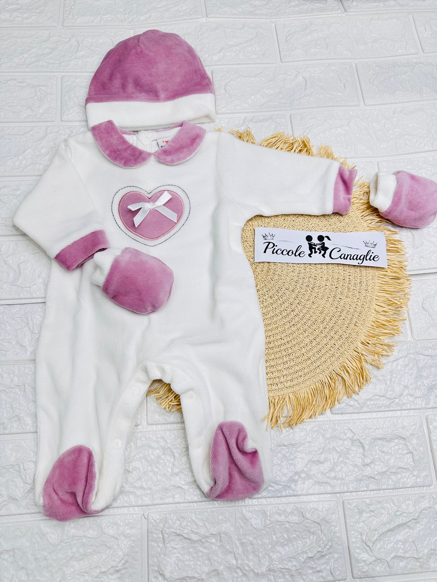 Set Tutina Ciniglia Cuoricino + Cappello + Muffoline Malva  Prxs506/3f
