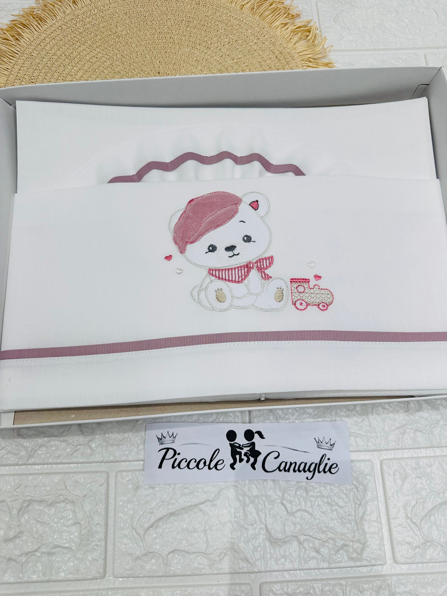 Set Lenzuola Carrozzina Cotone Orso Birichino  Rosa Antico Lc015179