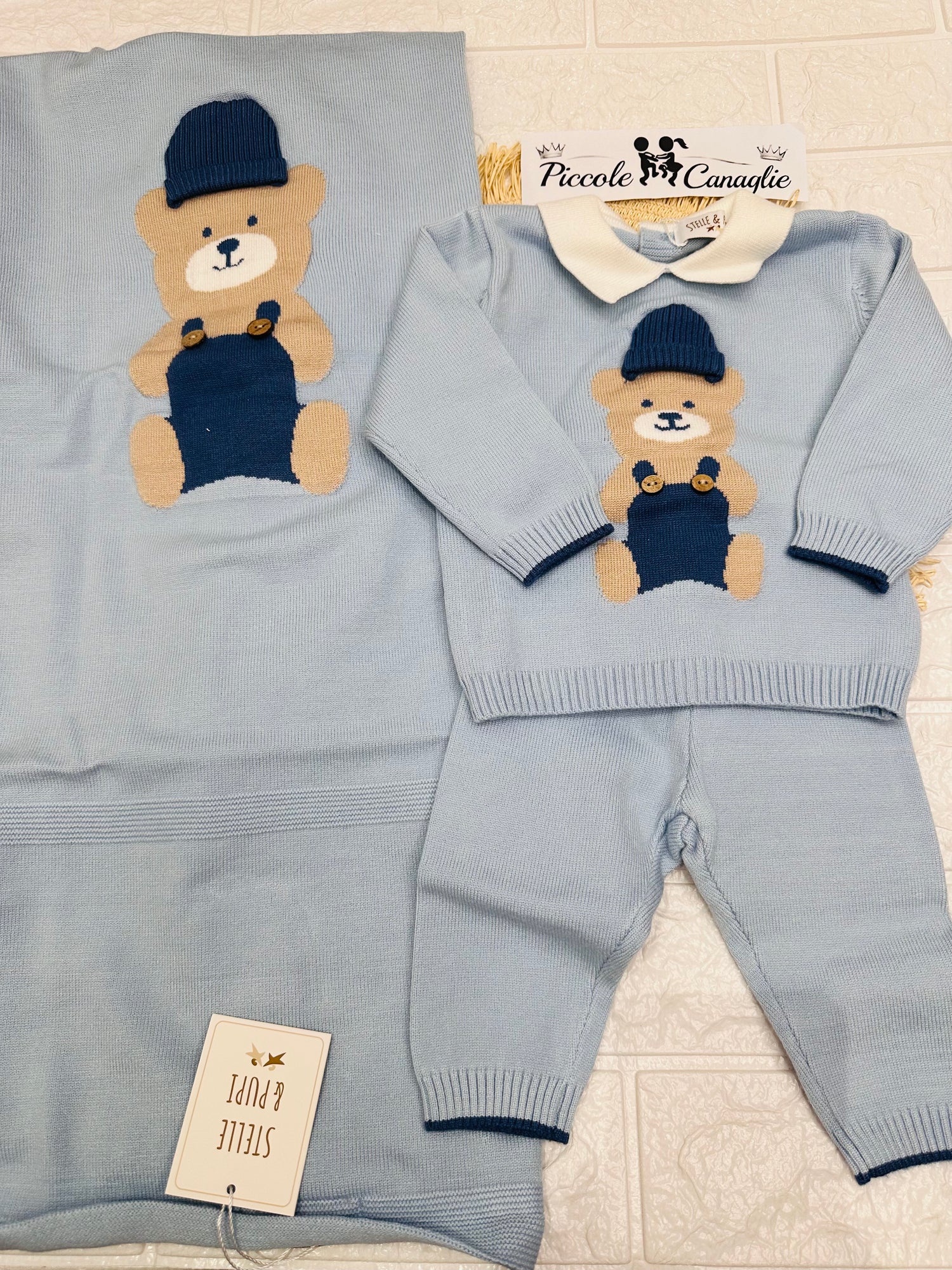 Set Nascita Stelle E Pupi Invernale Orsetto Salopette Celeste Snbo1562m3