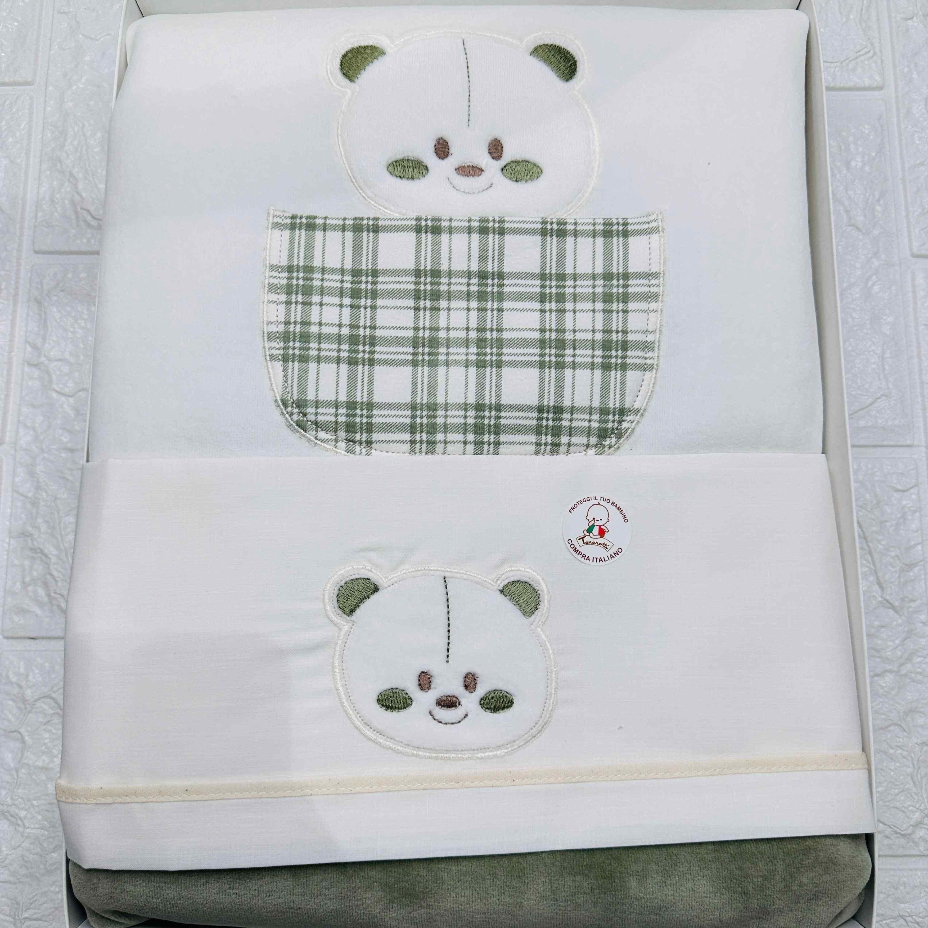 Set completo carrozzina ciniglia orso quadri verde