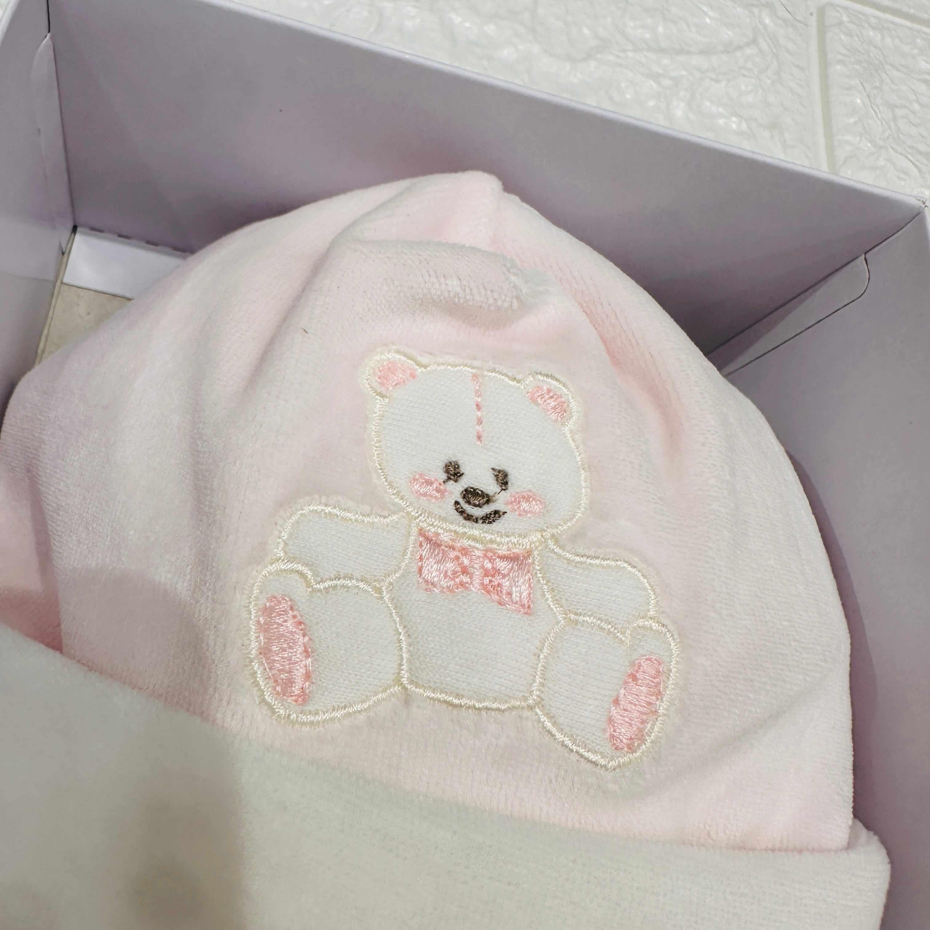 Cappello e babbucce ciniglia orso fiocco rosa 44411