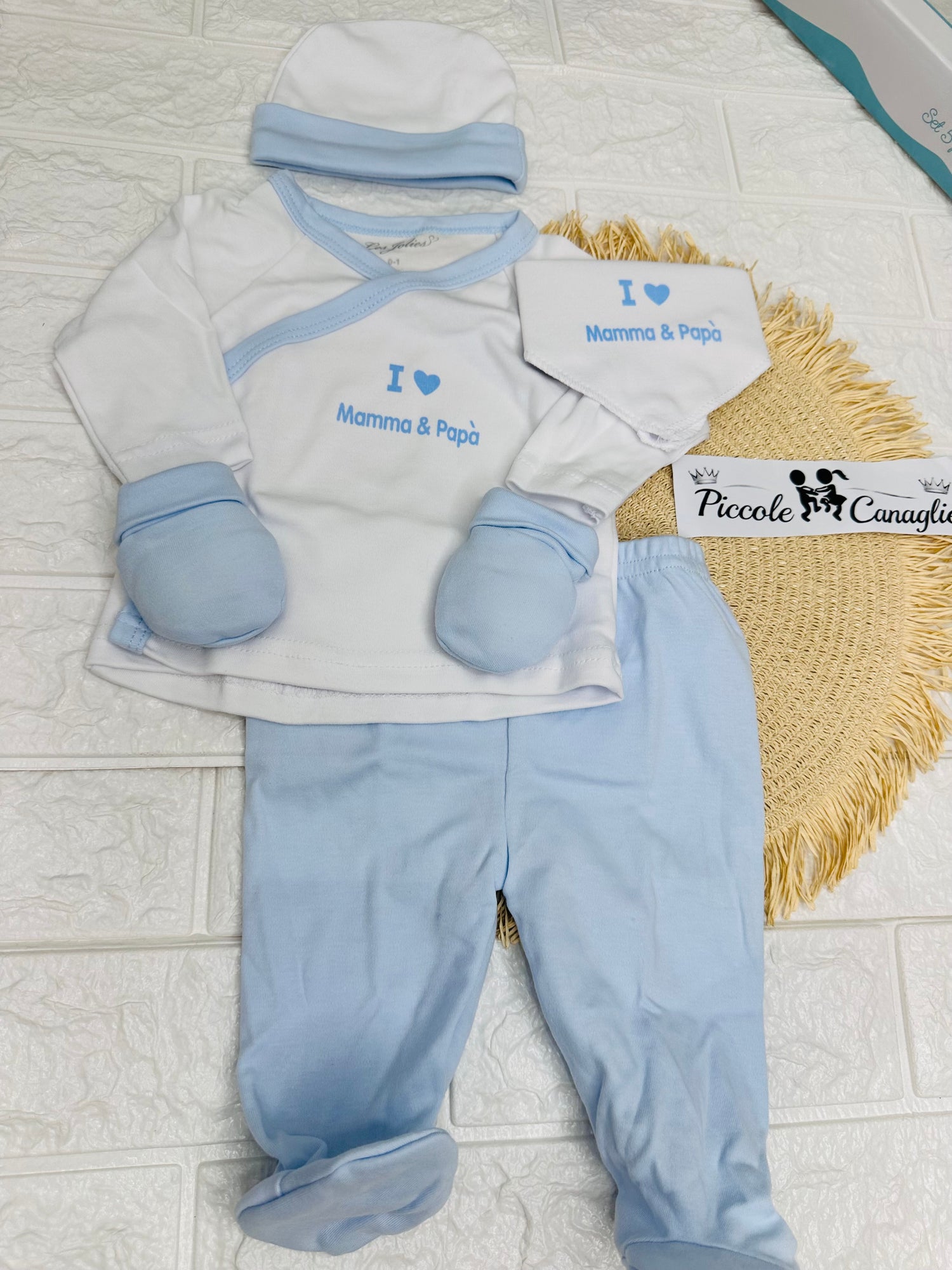 Set Tutina Caldo Cotone  + Cappello + Muffoline+ Bavetta  Celeste I Mamma E Papà Lj-3591 Dis3