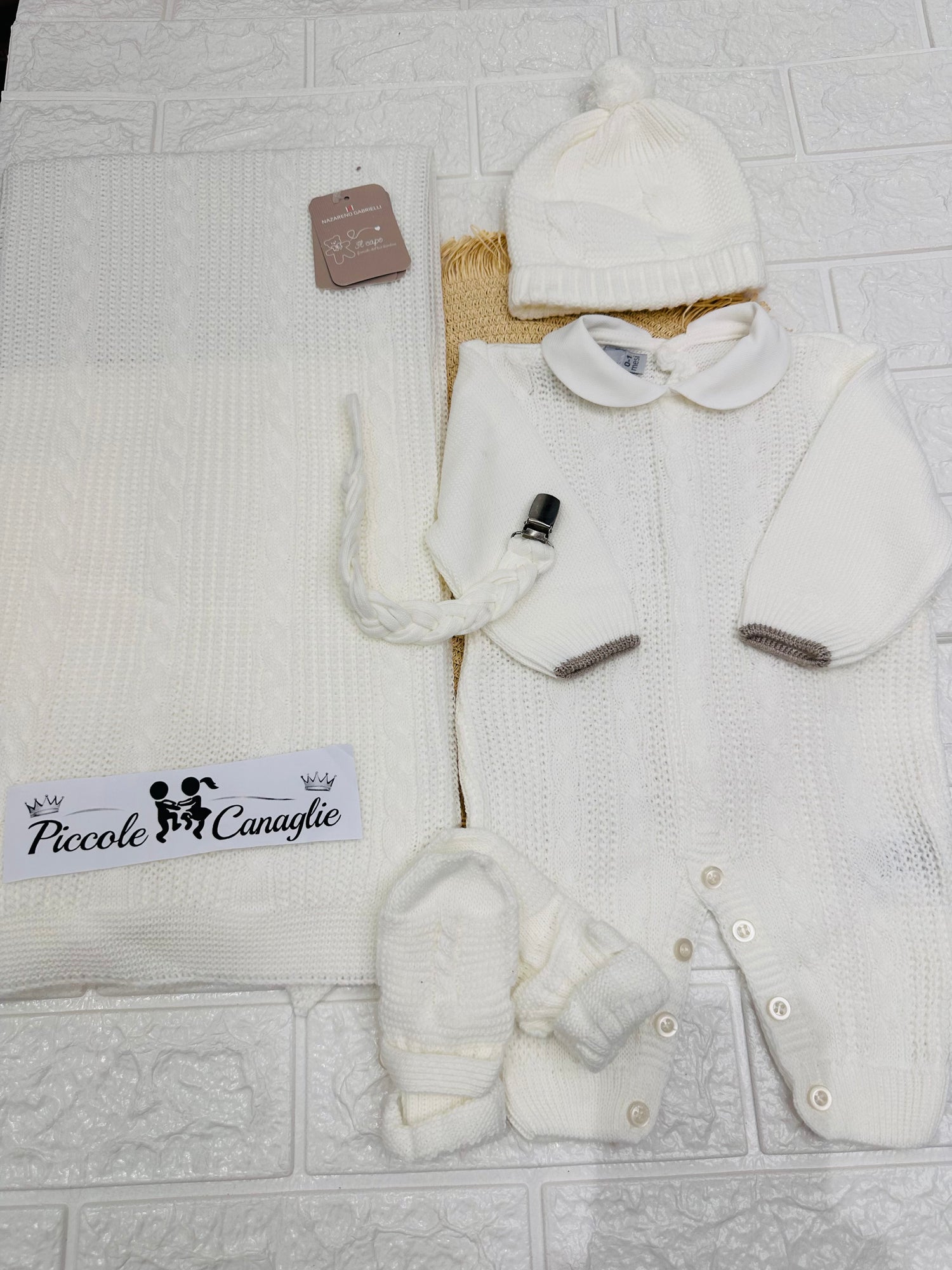 Set Nascita Tessuto Invernale Nazareno Gabrielli Intreccio Panna  Ng3489 Dis 1