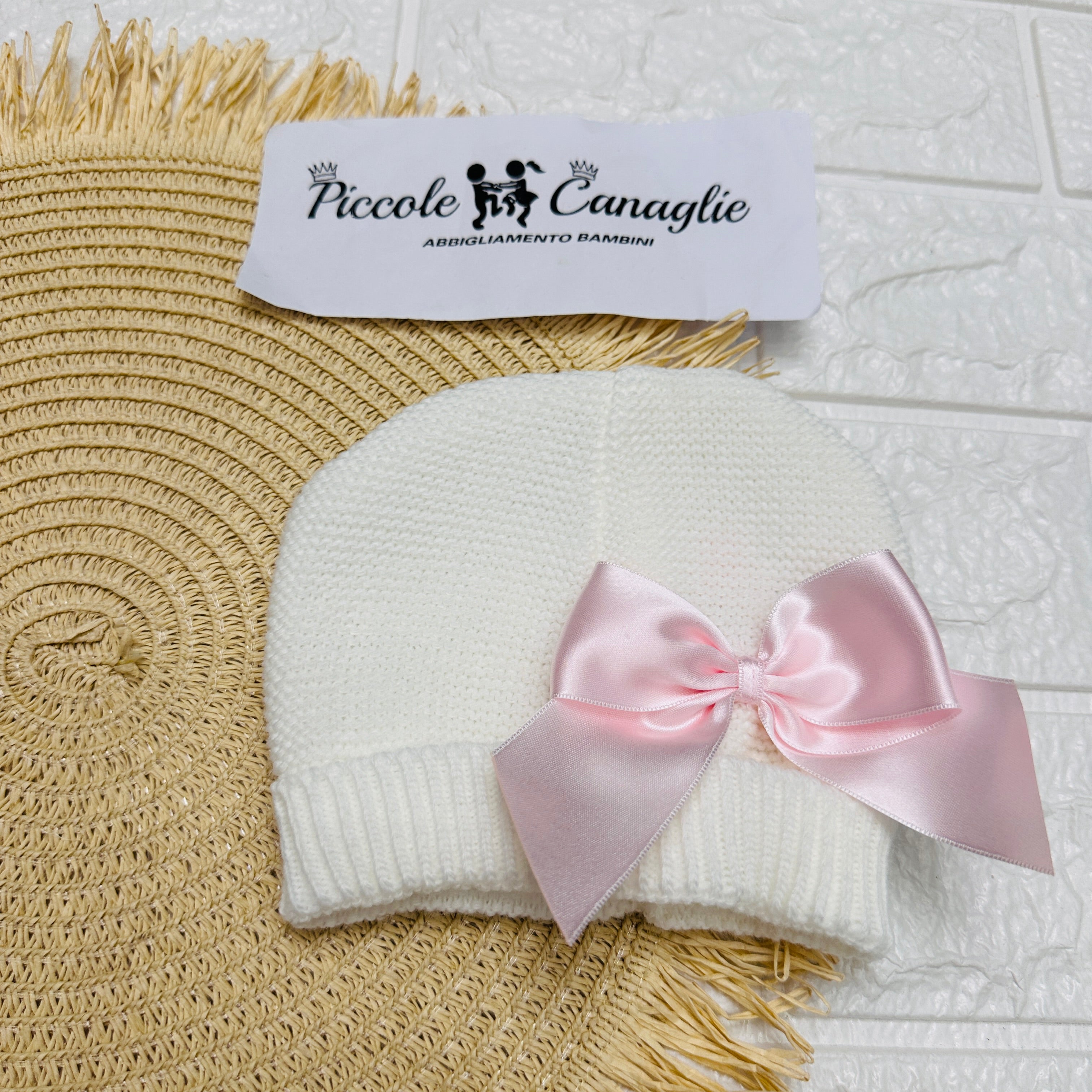 Cappellino Neonata bianco Fiocco rosa taglia 0-6 mesi