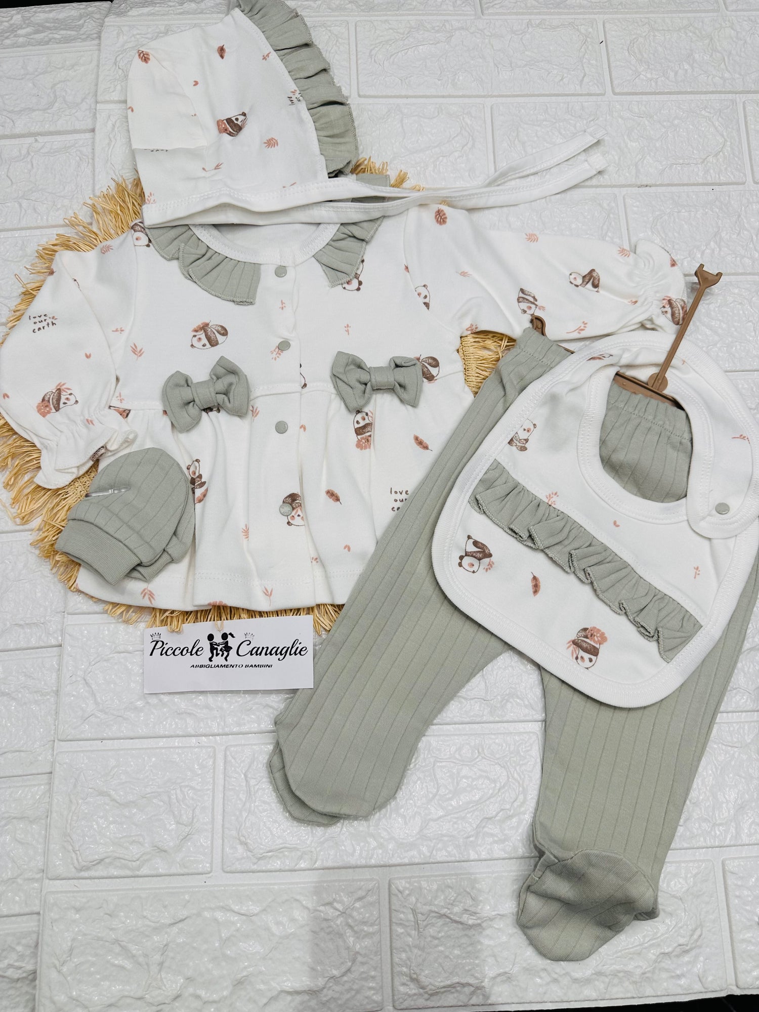 Tutina Completo Cotone Fiocchetti Verde Salvia Con Accessori