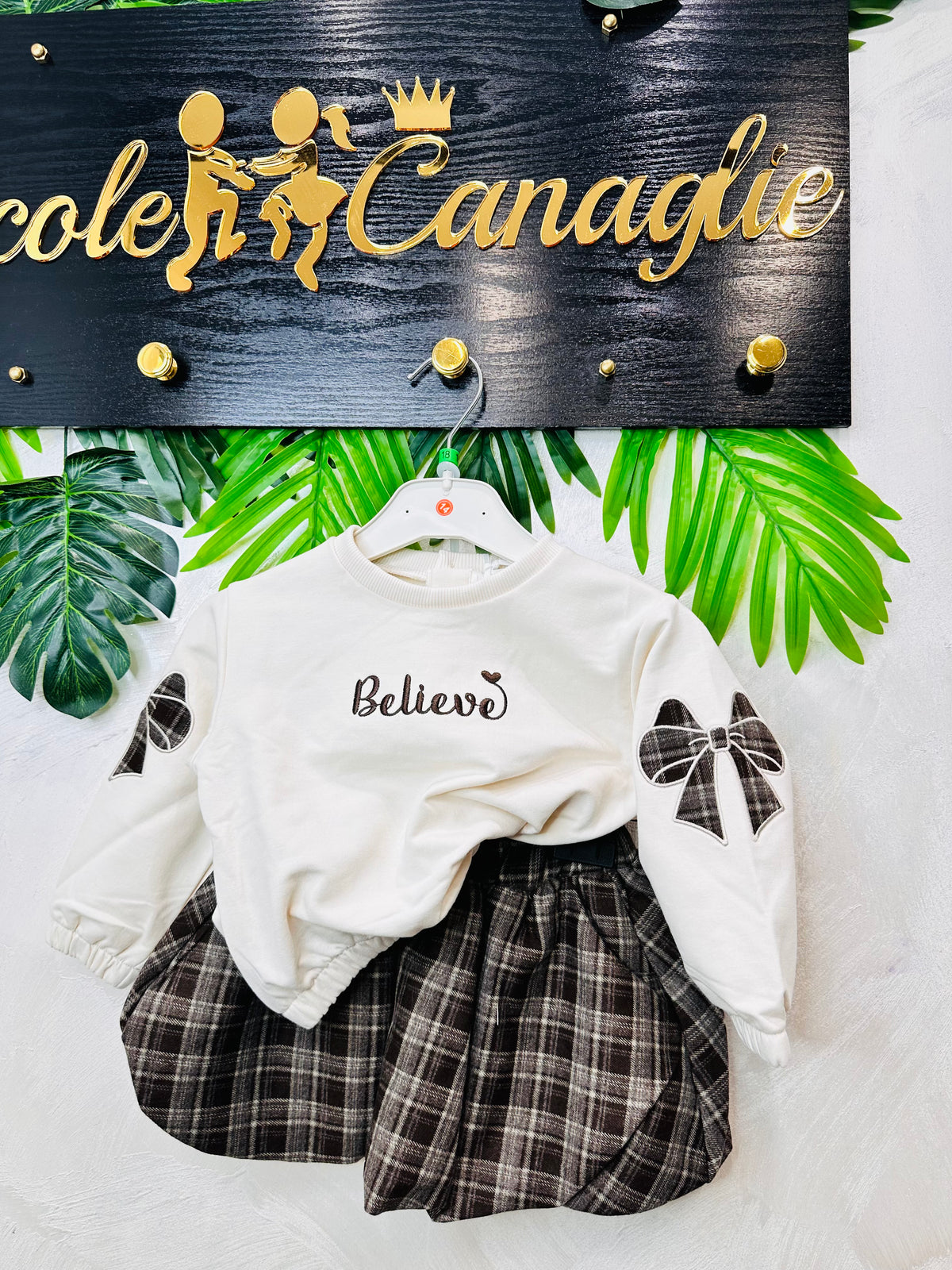 Completo Felpa "Believe" Con Gonnellina Tartan E Fiocchi Brown Be769