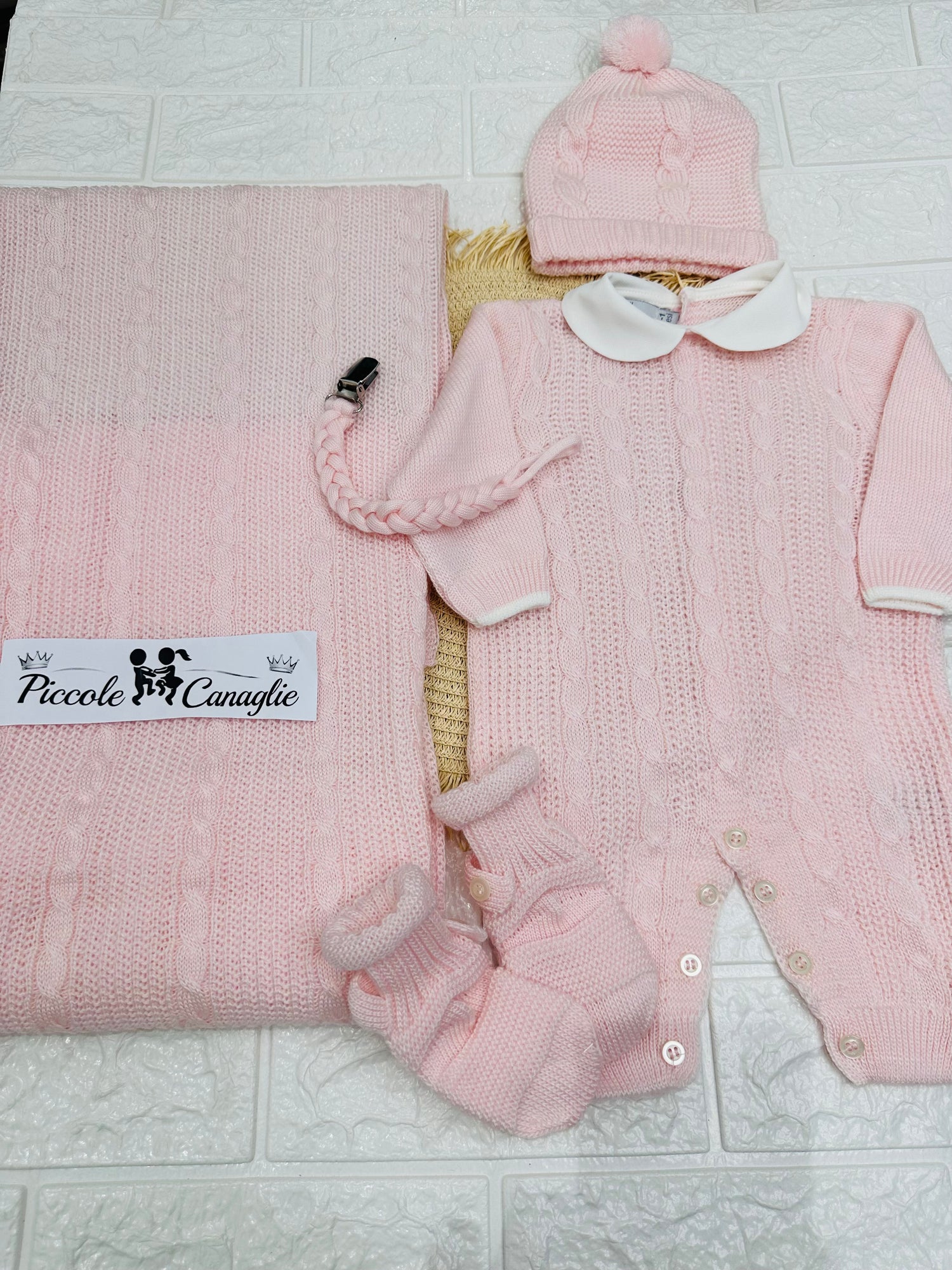 Set Nascita Tessuto Invernale Nazareno Gabrielli Intreccio Rosa  Ng3489 Dis 1