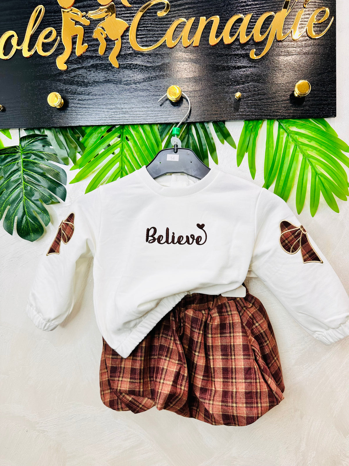 Completo Felpa "Believe" Con Gonnellina Tartan E Fiocchi Mattone Be769