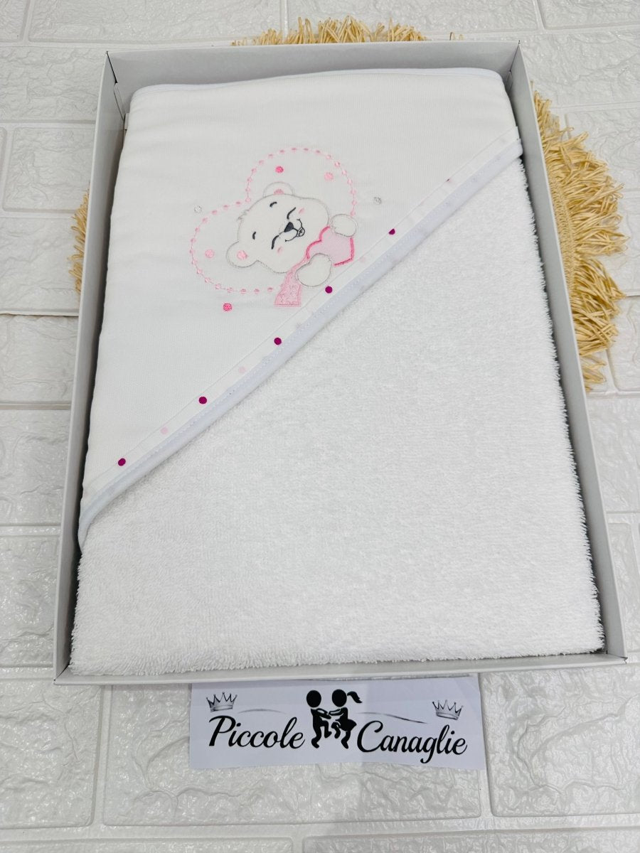Accappatoio Neonato Cotone Orsetta Cuoricini Rosa At001181 - Piccole Canaglie - PC29998