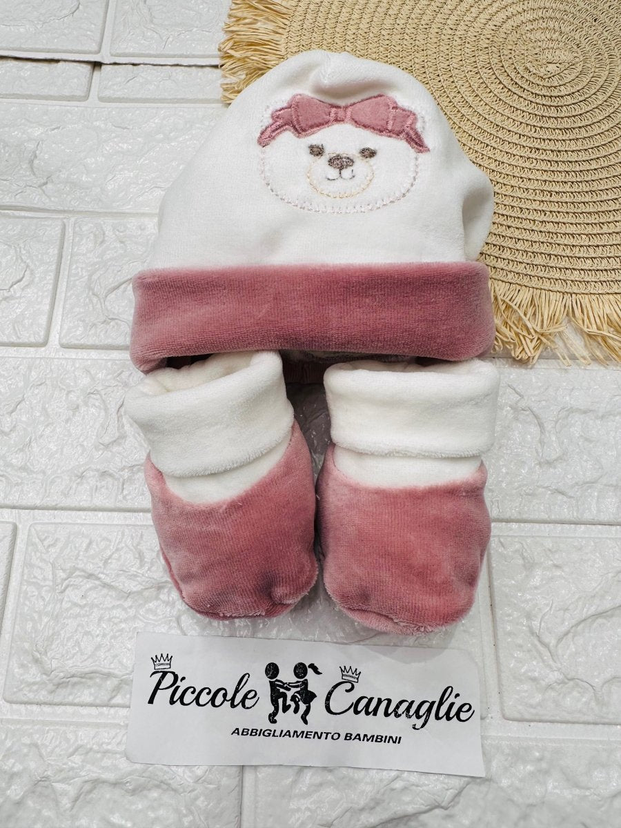 Cappello + Babbucce Ciniglia Orsetta Fascia Rosa Antico 44508 - Piccole Canaglie - PC28576