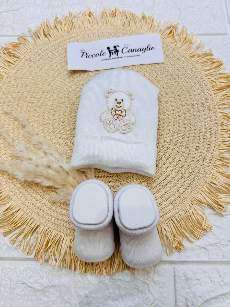 Cappello + babbucce cotone orso panna WSE8795 - Piccole Canaglie - PC26504
