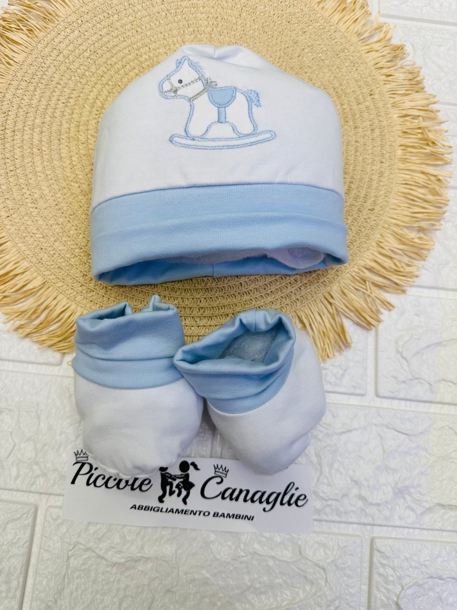 Cappello + babbucce in cotone 44301 cavallino celeste - Piccole Canaglie - 