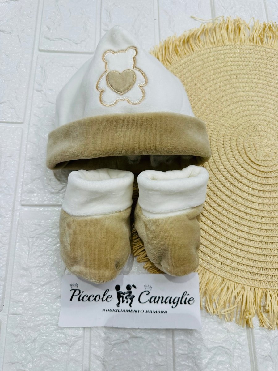 Cappello + Babbucce Orso Cuoricino Beige 45509 - Piccole Canaglie - PC29460